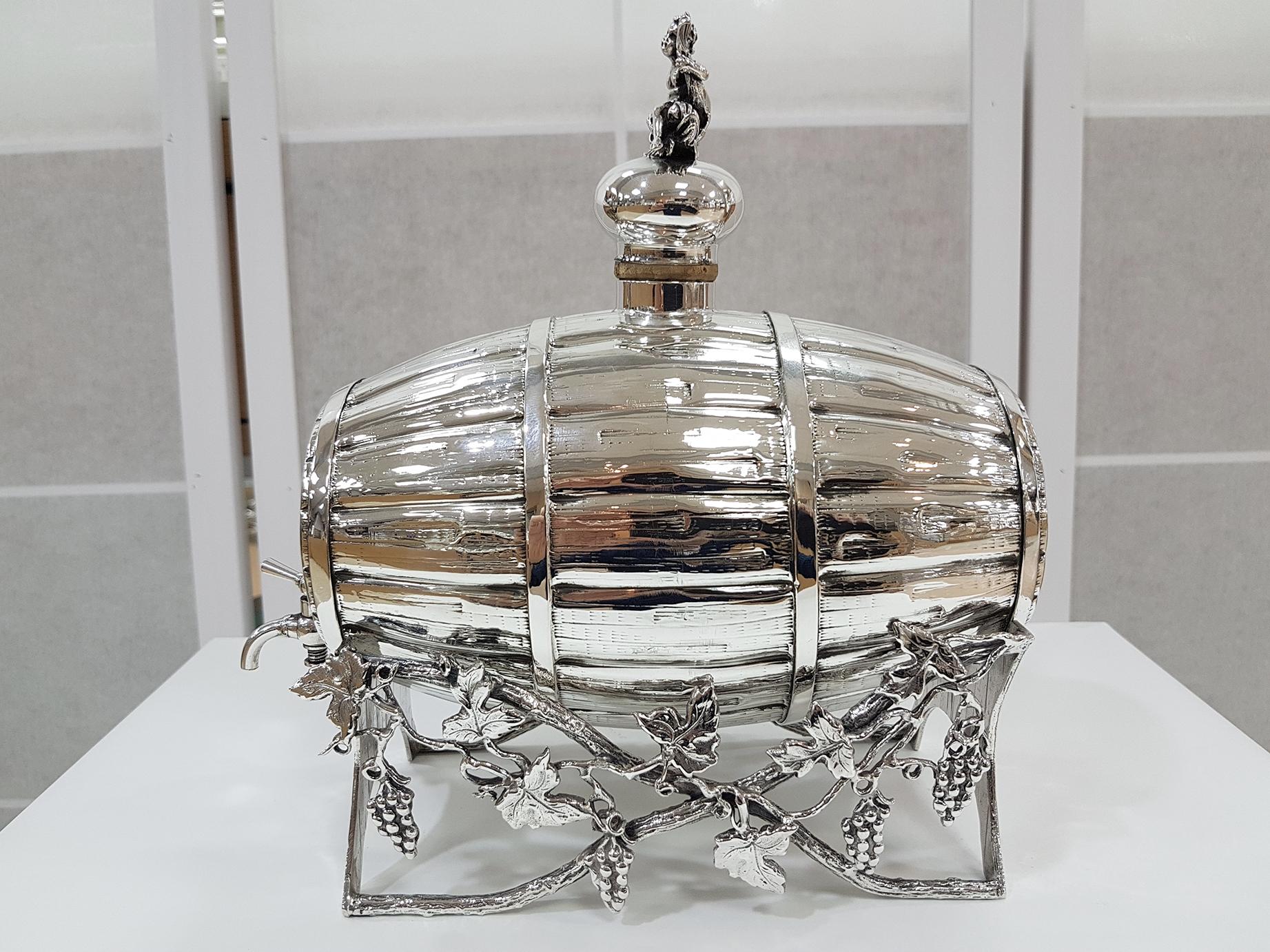 Embossed Italian 20th Century Silver Wine-Spirit Barrel on Stand with Silver Beakers For Sale