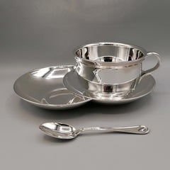 Tasse à déjeuner italienne du 20ème siècle en argent massif avec double soucoupe et cuillère