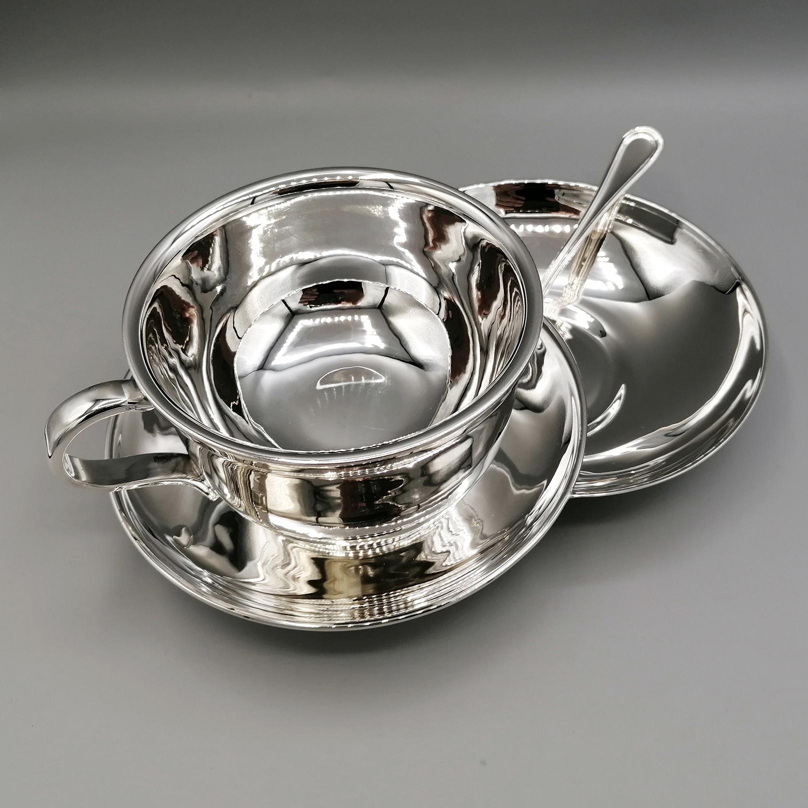 Italian 20th Century Solid Silver Breakfast Cup with Double Saucer and Spoon In Excellent Condition For Sale In VALENZA, IT