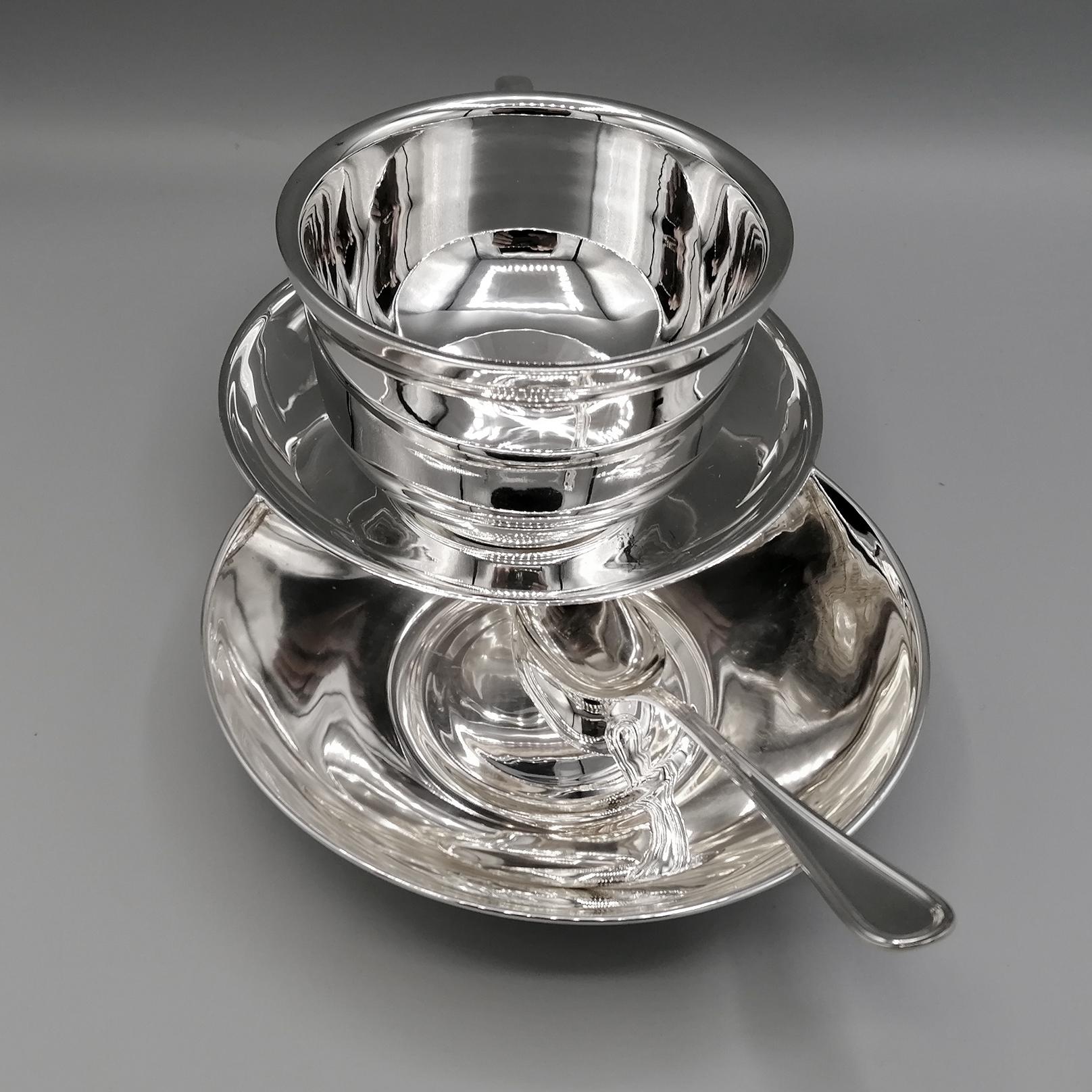 Italian 20th Century Solid Silver Breakfast Cup with Double Saucer and Spoon For Sale 1