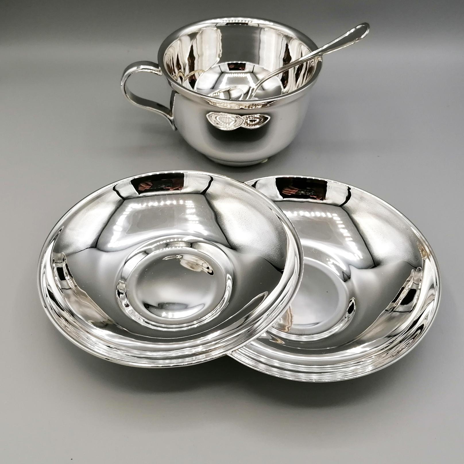 Italian 20th Century Solid Silver Breakfast Cup with Double Saucer and Spoon For Sale 2