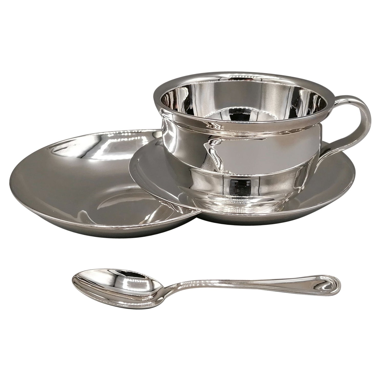 Italian 20th Century Solid Silver Breakfast Cup with Double Saucer and Spoon