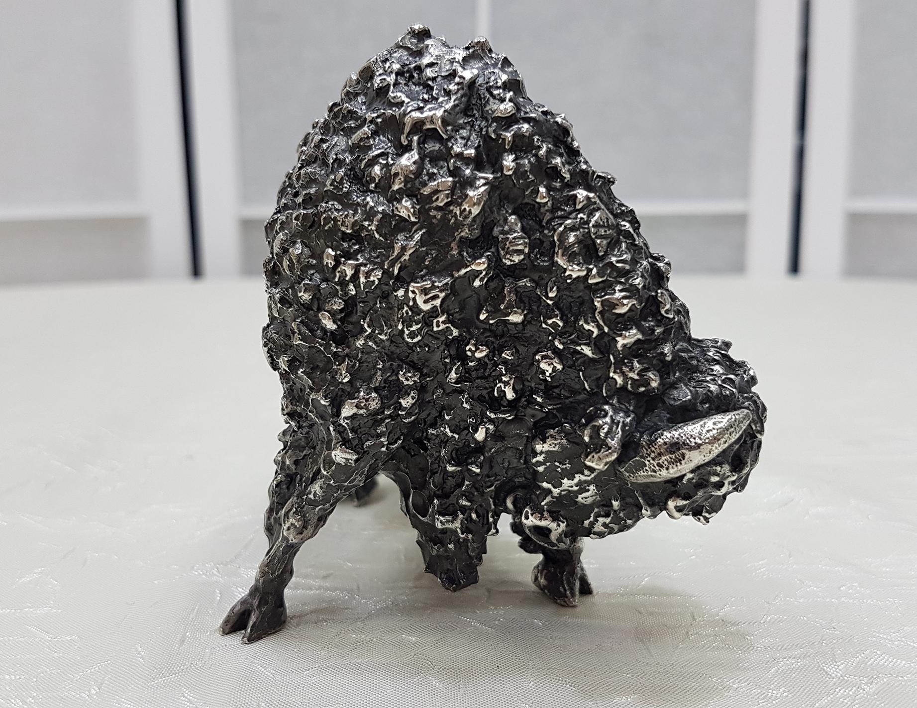 Mid-20th Century Italian 20th Century Solid Silver rare Bison Sculpture on Marble Removable Base For Sale