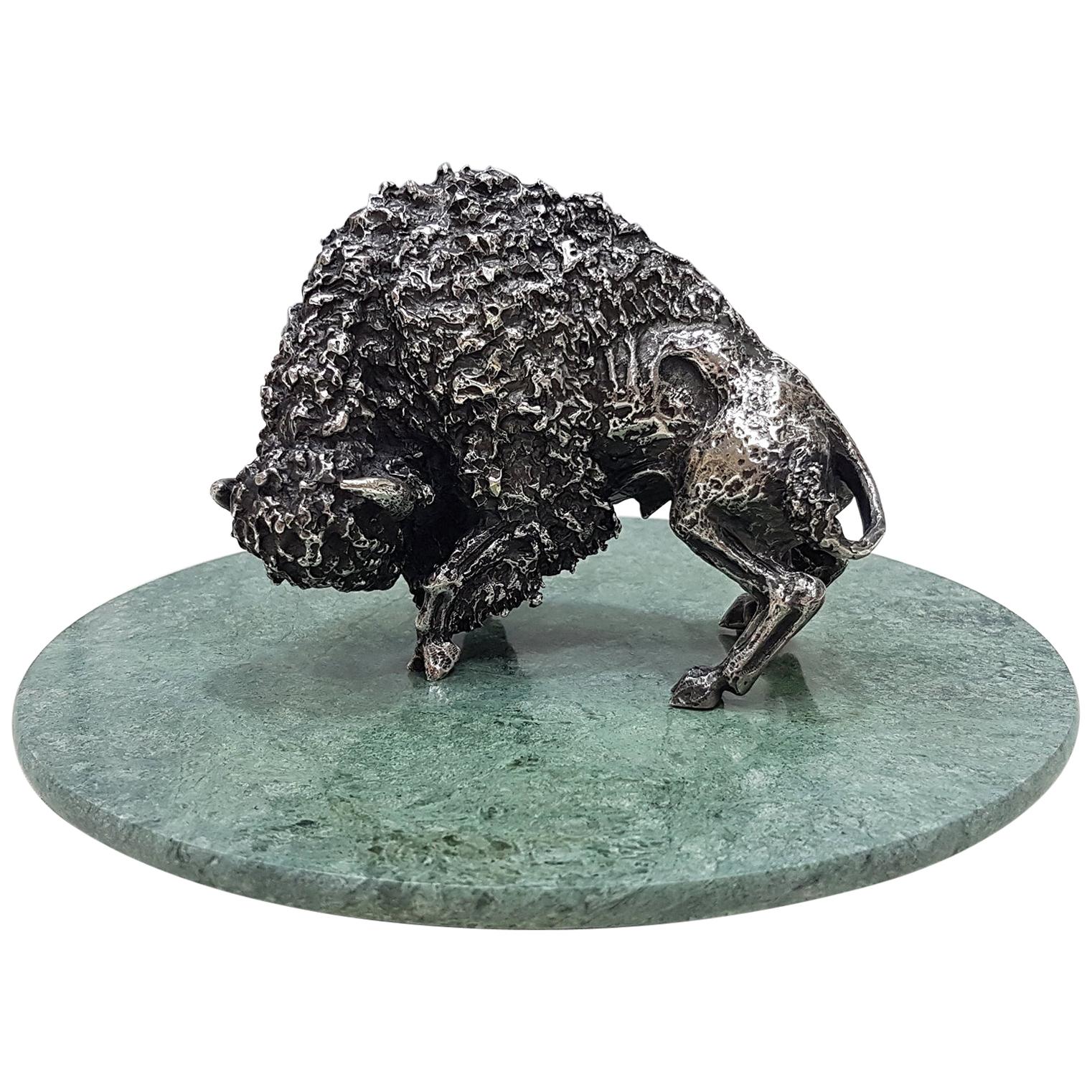 Italian 20th Century Solid Silver rare Bison Sculpture on Marble Removable Base