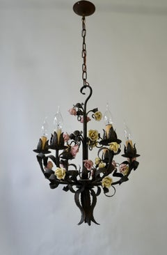 Italian 20th Century Tole Porcelain Flower Three Light Chandelier