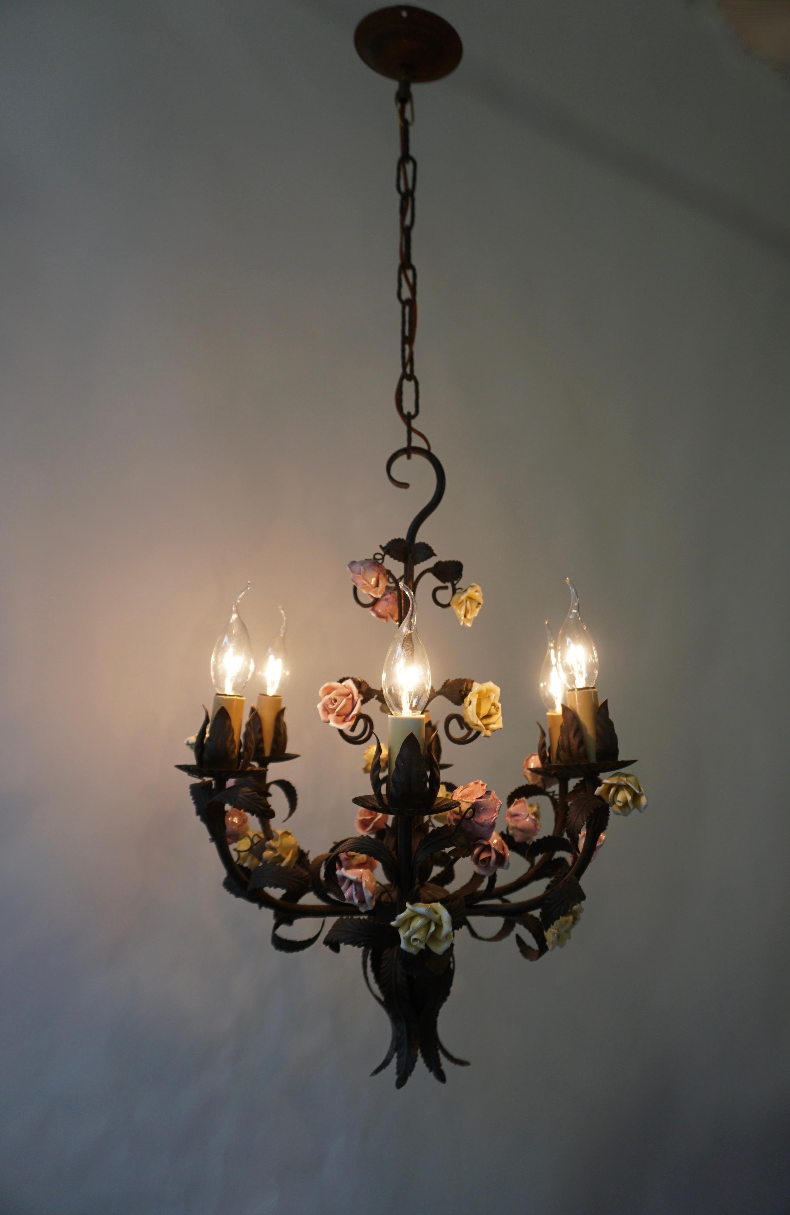 Painted Italian 20th Century Tole Porcelain Flower Three Light Chandelier For Sale