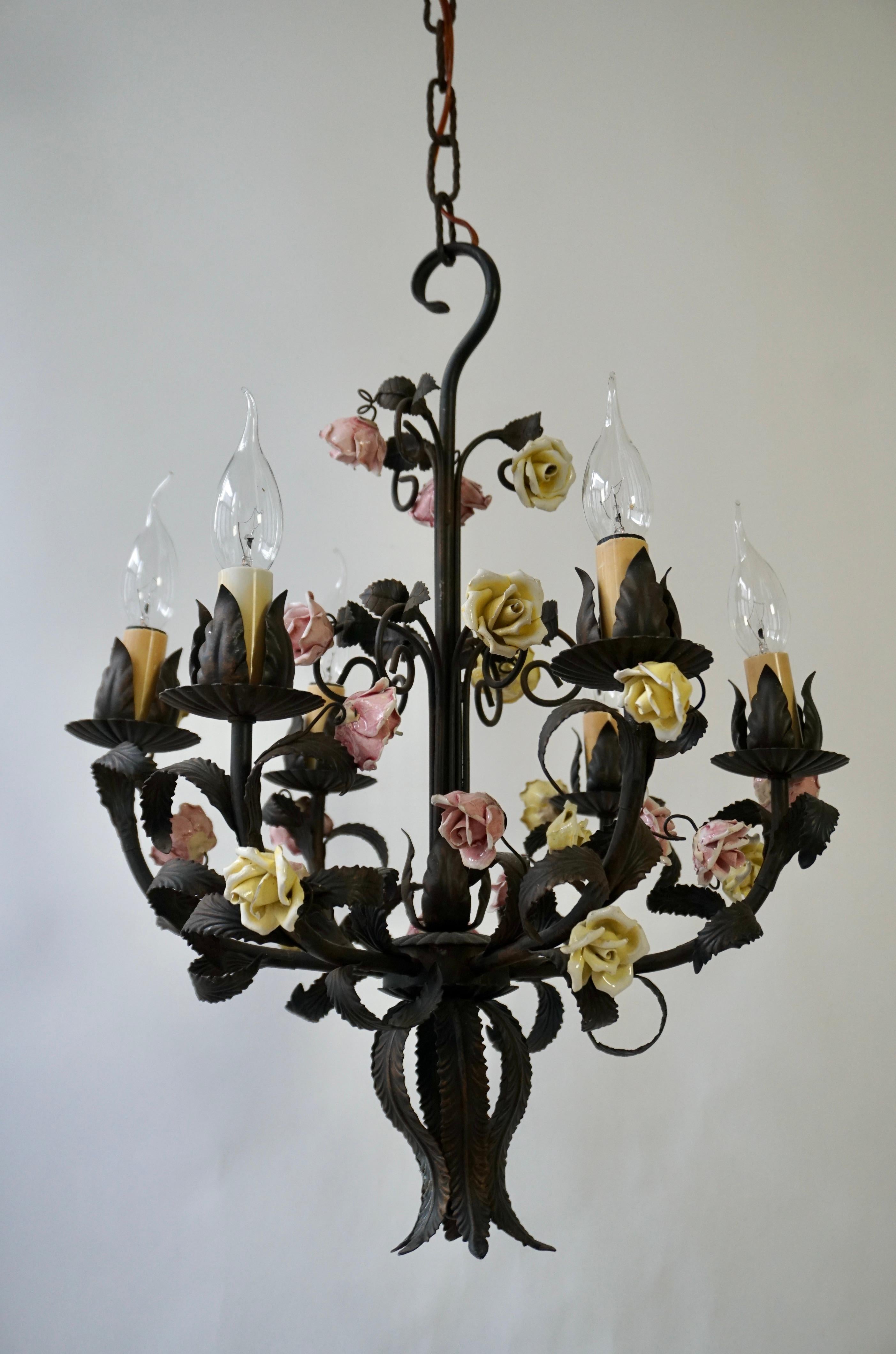 Metal Italian 20th Century Tole Porcelain Flower Three Light Chandelier For Sale