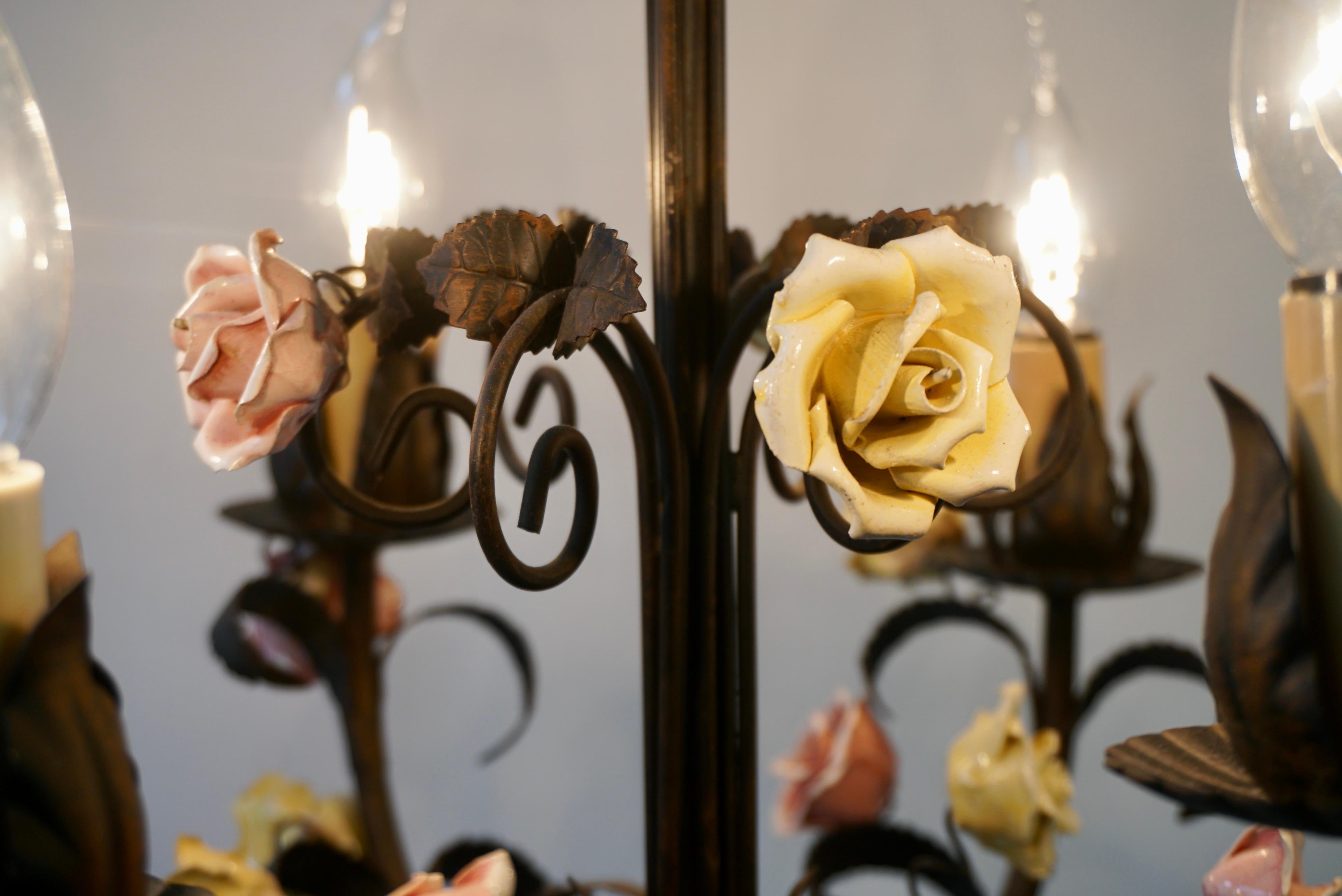 Italian 20th Century Tole Porcelain Flower Three Light Chandelier For Sale 1