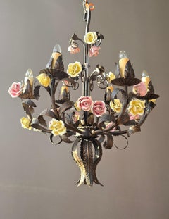 Italian Mid-Century Tole and Porcelain Rose Chandelier, 1950 Hollywood Regency
