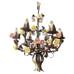 Italian Mid-Century Tole and Porcelain Rose Chandelier, 1950 Hollywood Regency