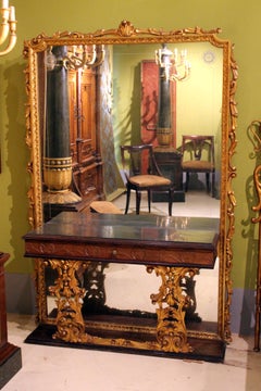 Italian 20th Century Walnut and Giltwood Mirrored Console Table with Marble Top