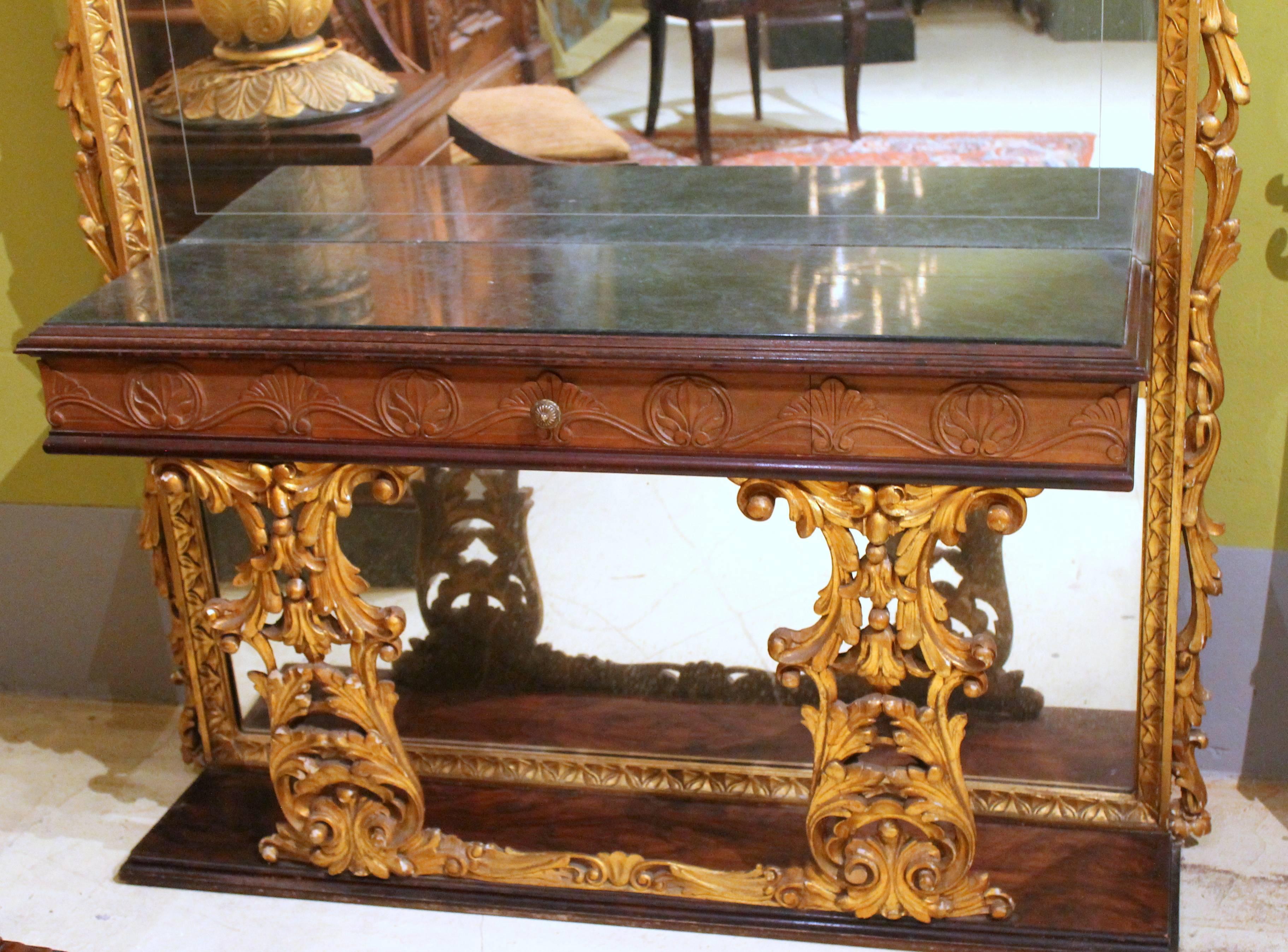 Italian 20th Century Walnut and Giltwood Mirrored Console Table with Marble Top 1
