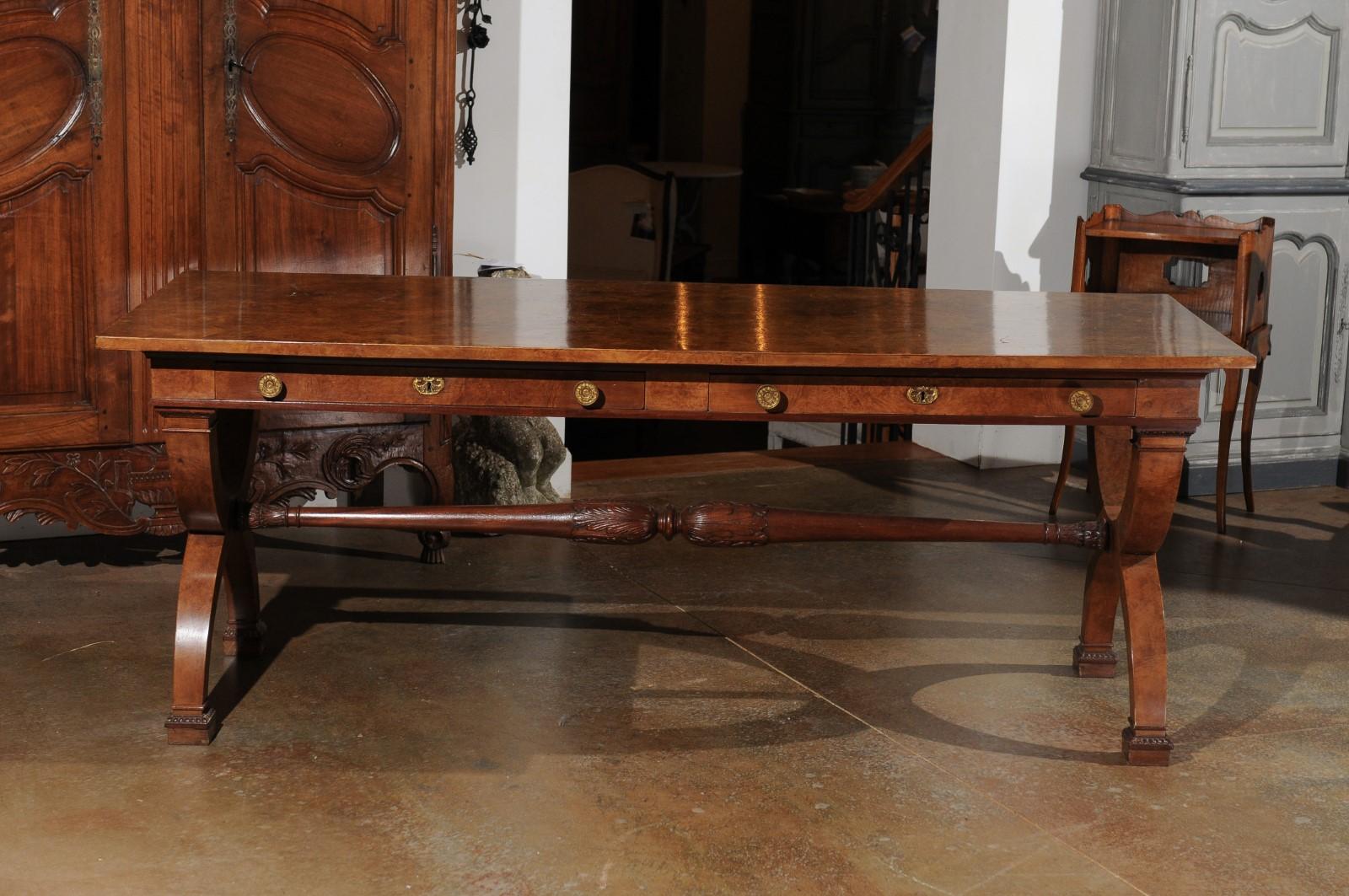 Italian 20th Century Walnut Office Table with Two Drawers and X-Form Base 5