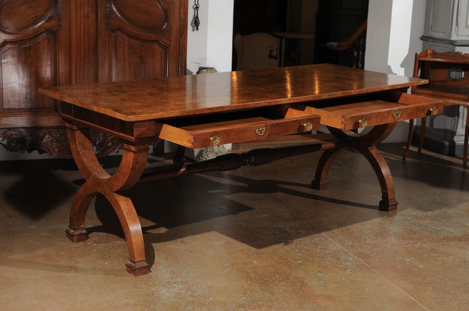 Veneer Italian 20th Century Walnut Office Table with Two Drawers and X-Form Base