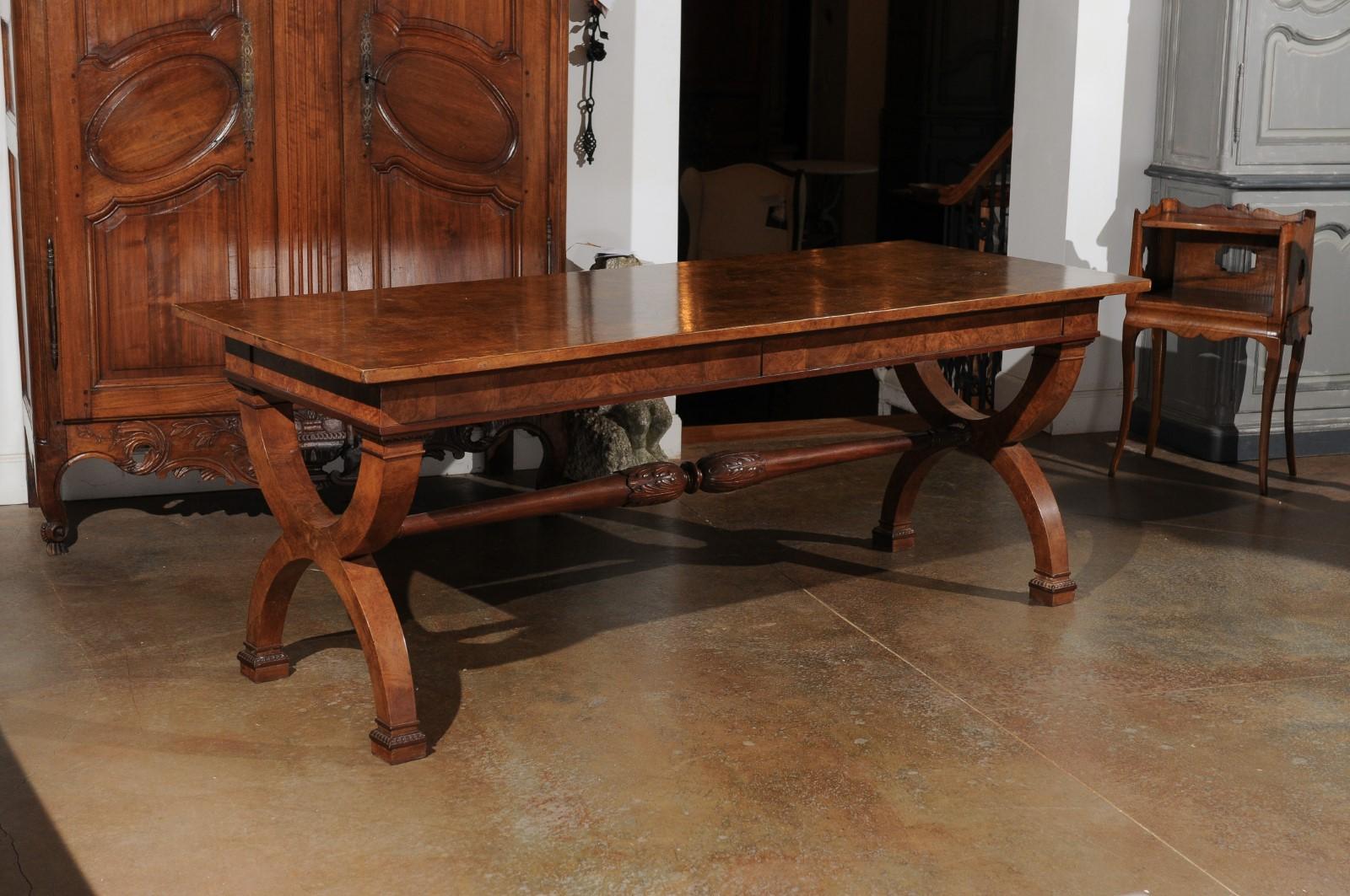 Italian 20th Century Walnut Office Table with Two Drawers and X-Form Base 2