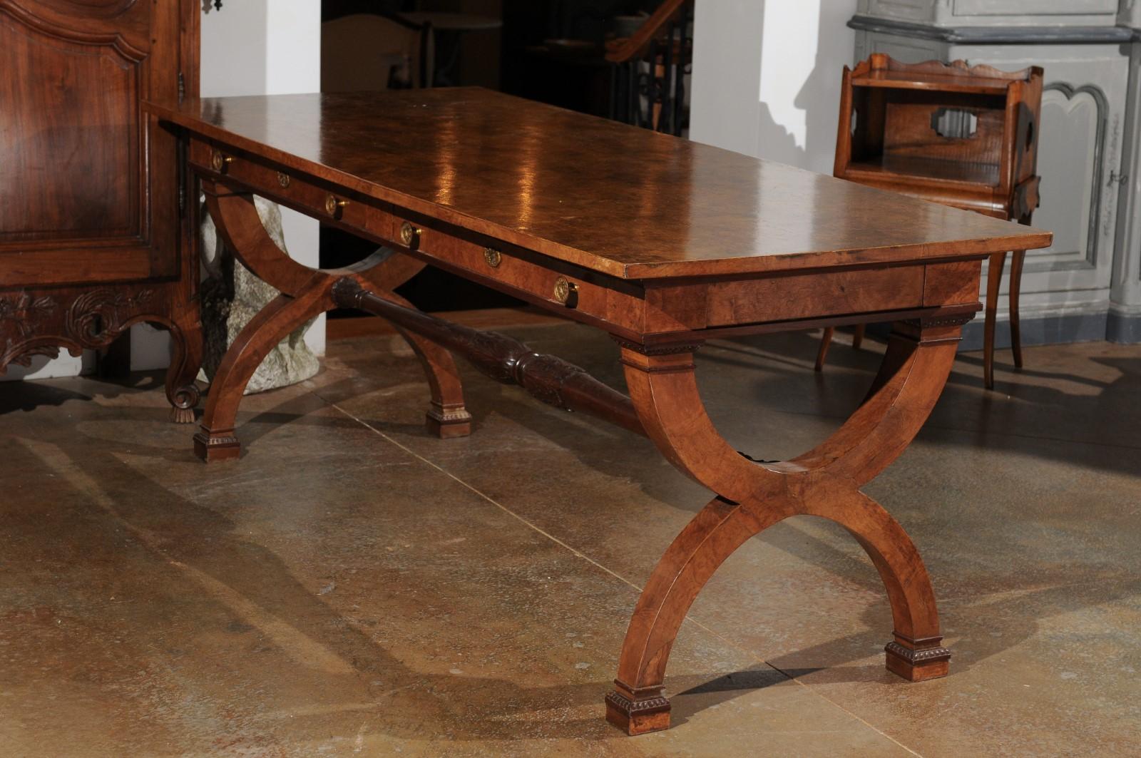 Italian 20th Century Walnut Office Table with Two Drawers and X-Form Base 3