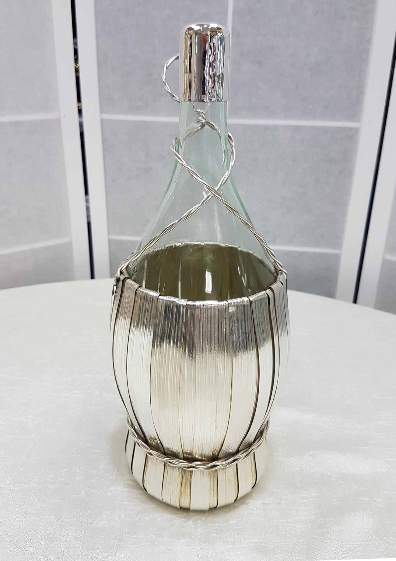 Italian 20th Century White Glass Wine Fiasc Covered in 800 Solid Silver For Sale 4