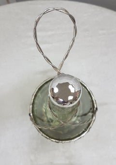 Fiasco de Vino de Vidrio Blanco Italiano del Siglo XX Cubierto de Plata Maciza 800