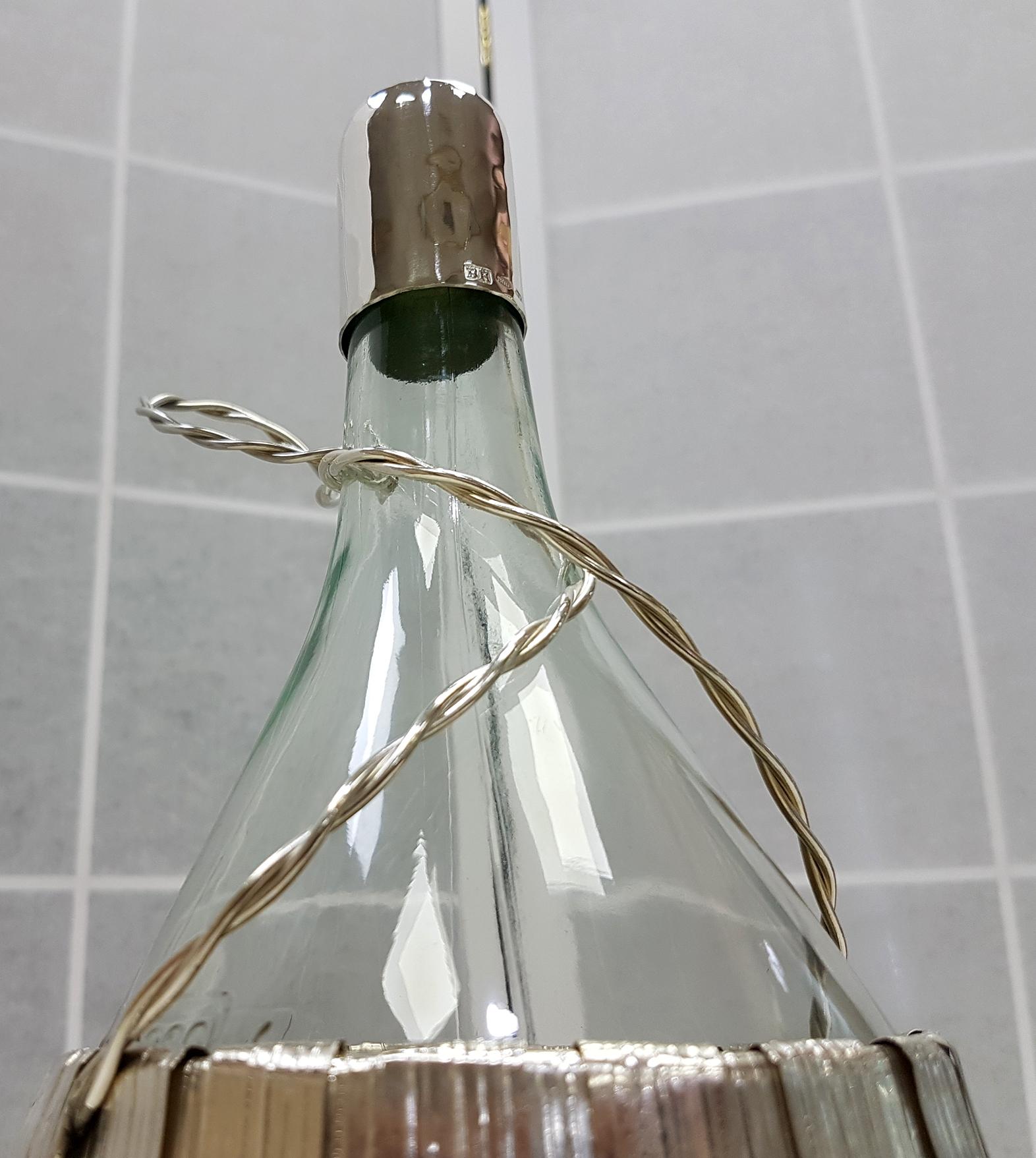 Other Italian 20th Century White Glass Wine Fiasc Covered in 800 Solid Silver For Sale