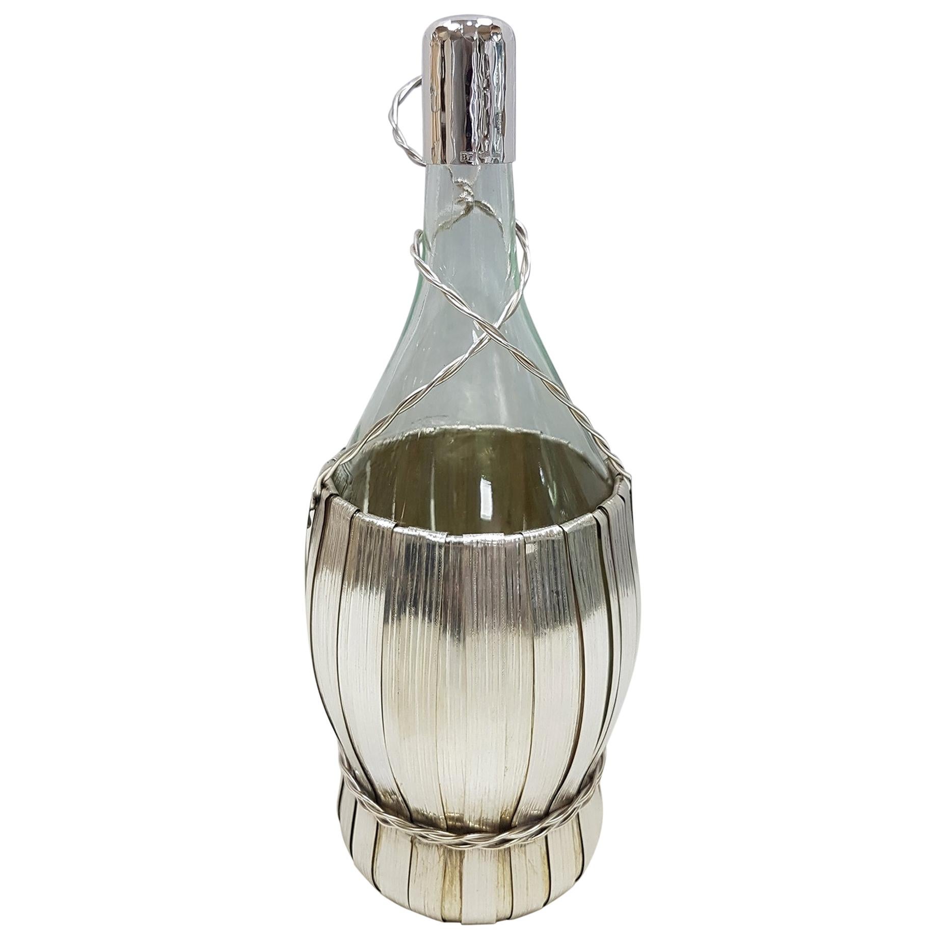 Italian 20th Century White Glass Wine Fiasc Covered in 800 Solid Silver For Sale