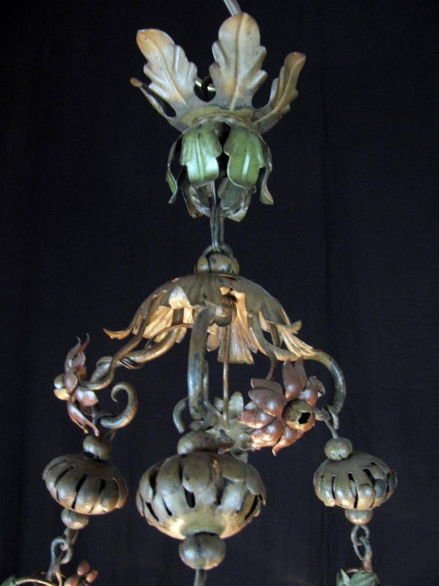 20th Century Italian Art Nouveau Floral Green Foliate Chandelier Iron and Glass 7