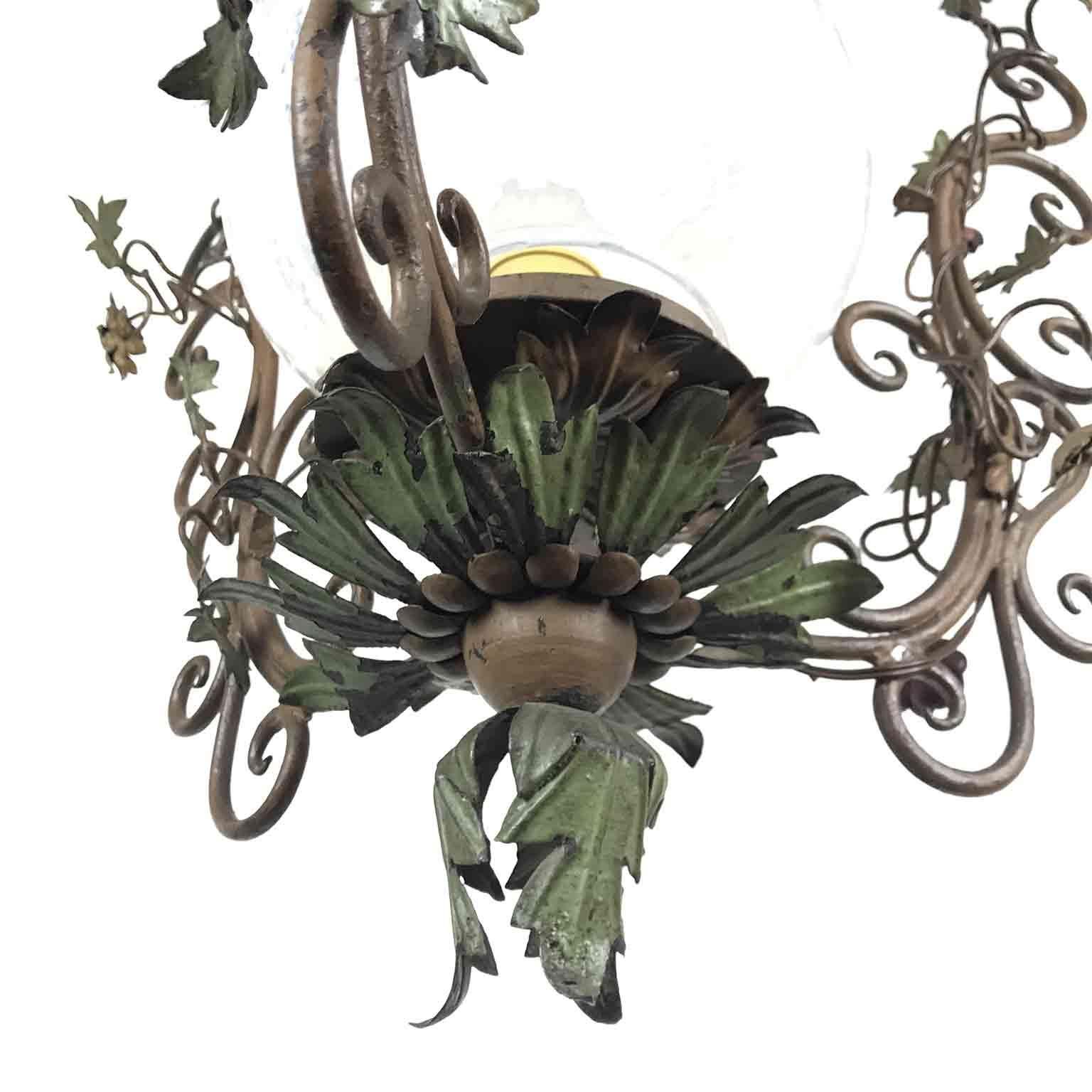 20th Century Italian Art Nouveau Floral Green Foliate Chandelier Iron and Glass 12