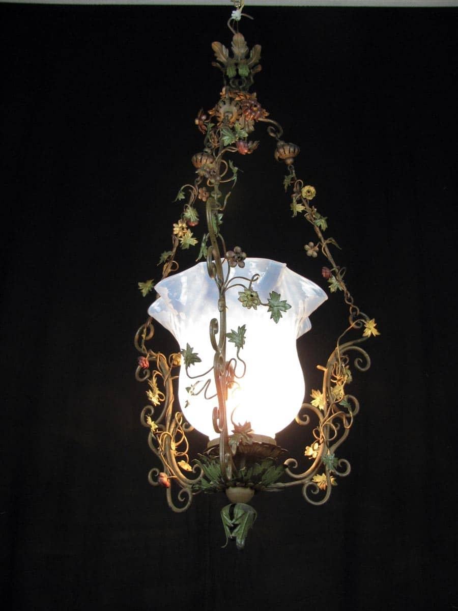 Hand-Crafted 20th Century Italian Art Nouveau Floral Green Foliate Chandelier Iron and Glass
