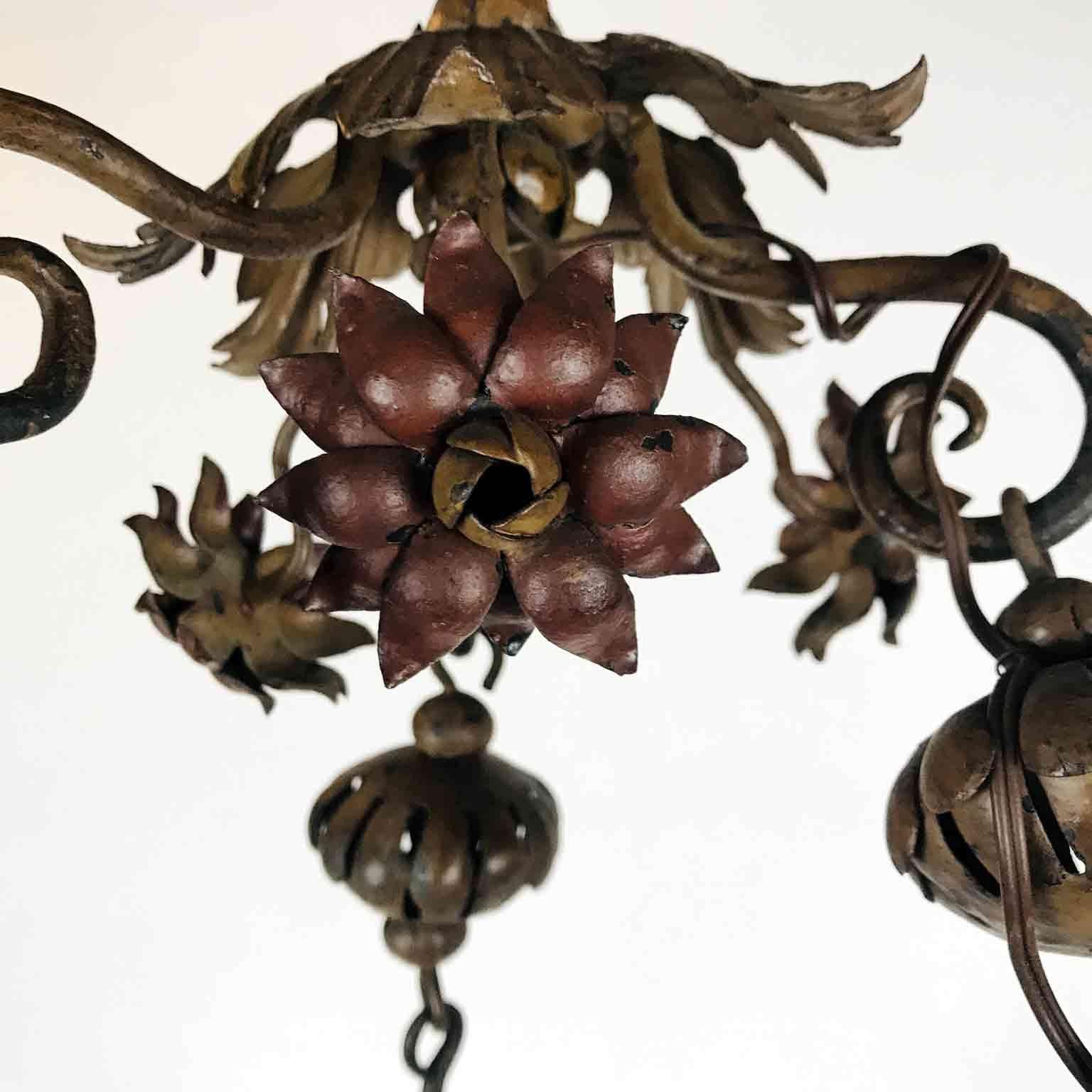 20th Century Italian Art Nouveau Floral Green Foliate Chandelier Iron and Glass 1