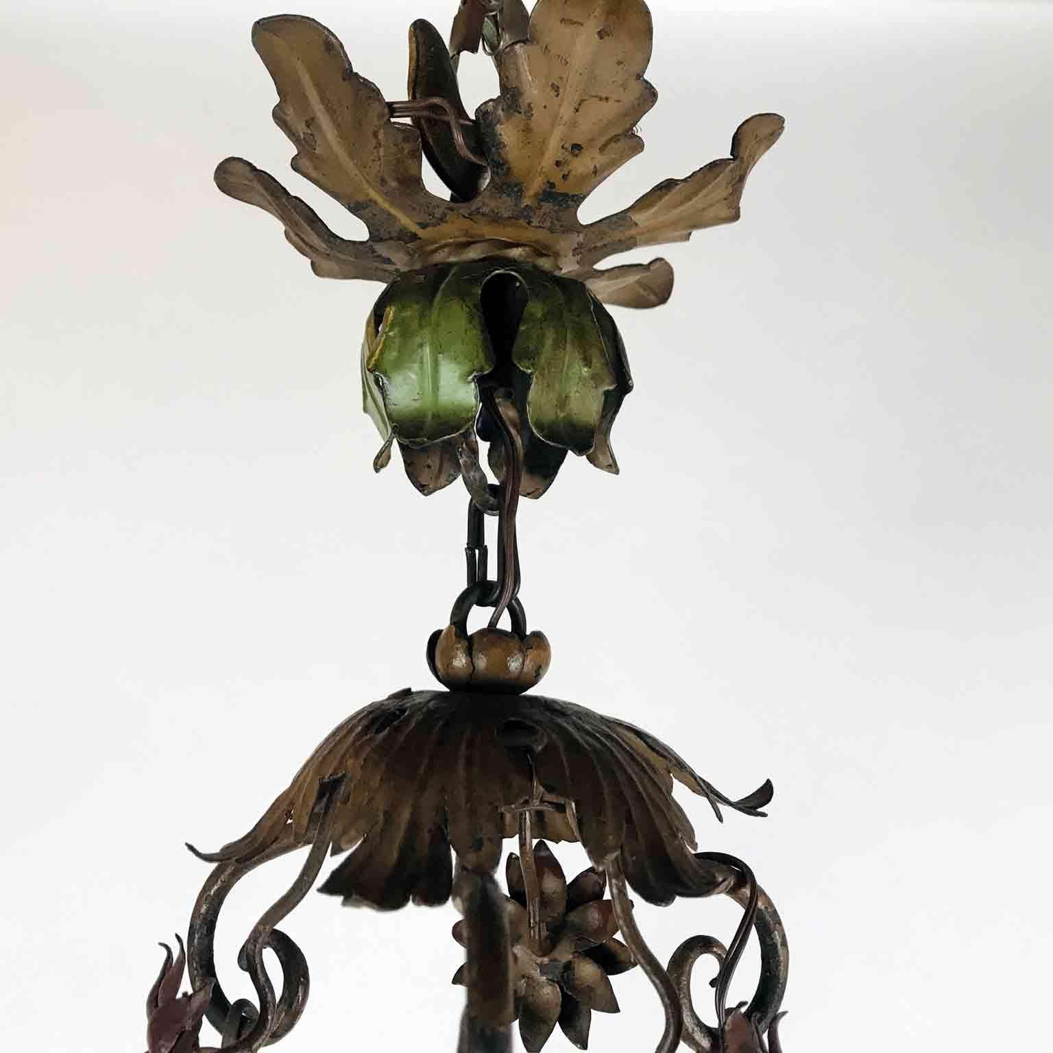 20th Century Italian Art Nouveau Floral Green Foliate Chandelier Iron and Glass 2