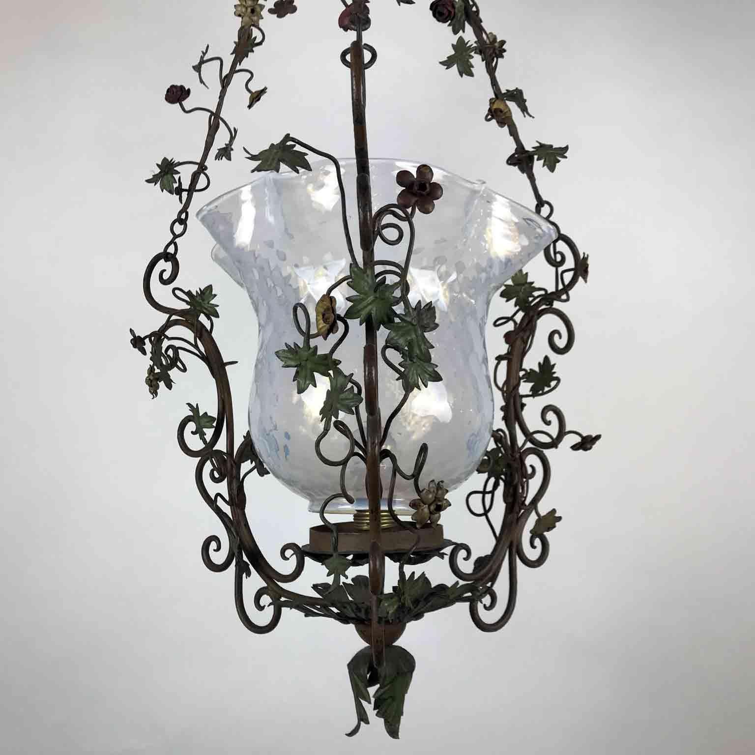 20th Century Italian Art Nouveau Floral Green Foliate Chandelier Iron and Glass 4