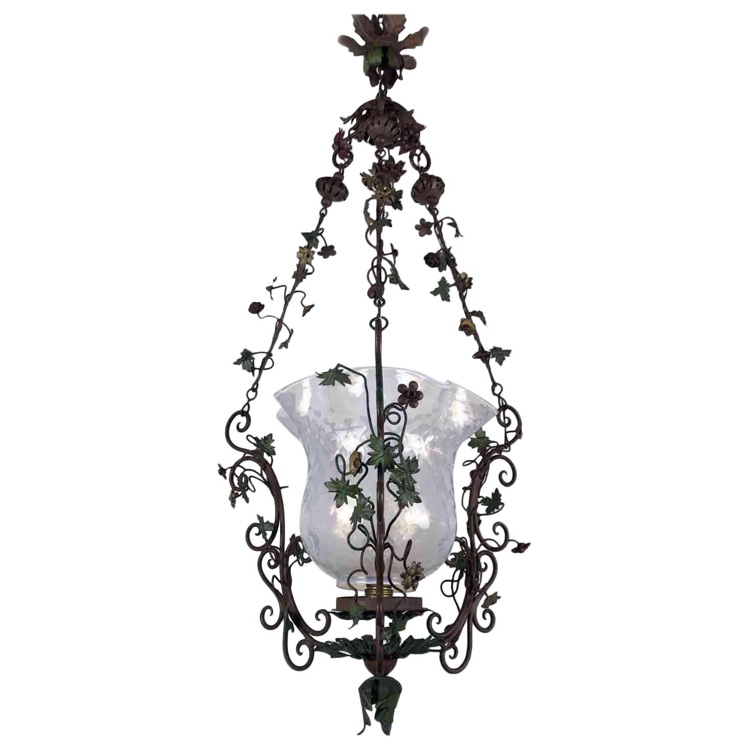 20th Century Italian Art Nouveau Floral Green Foliate Chandelier Iron and Glass