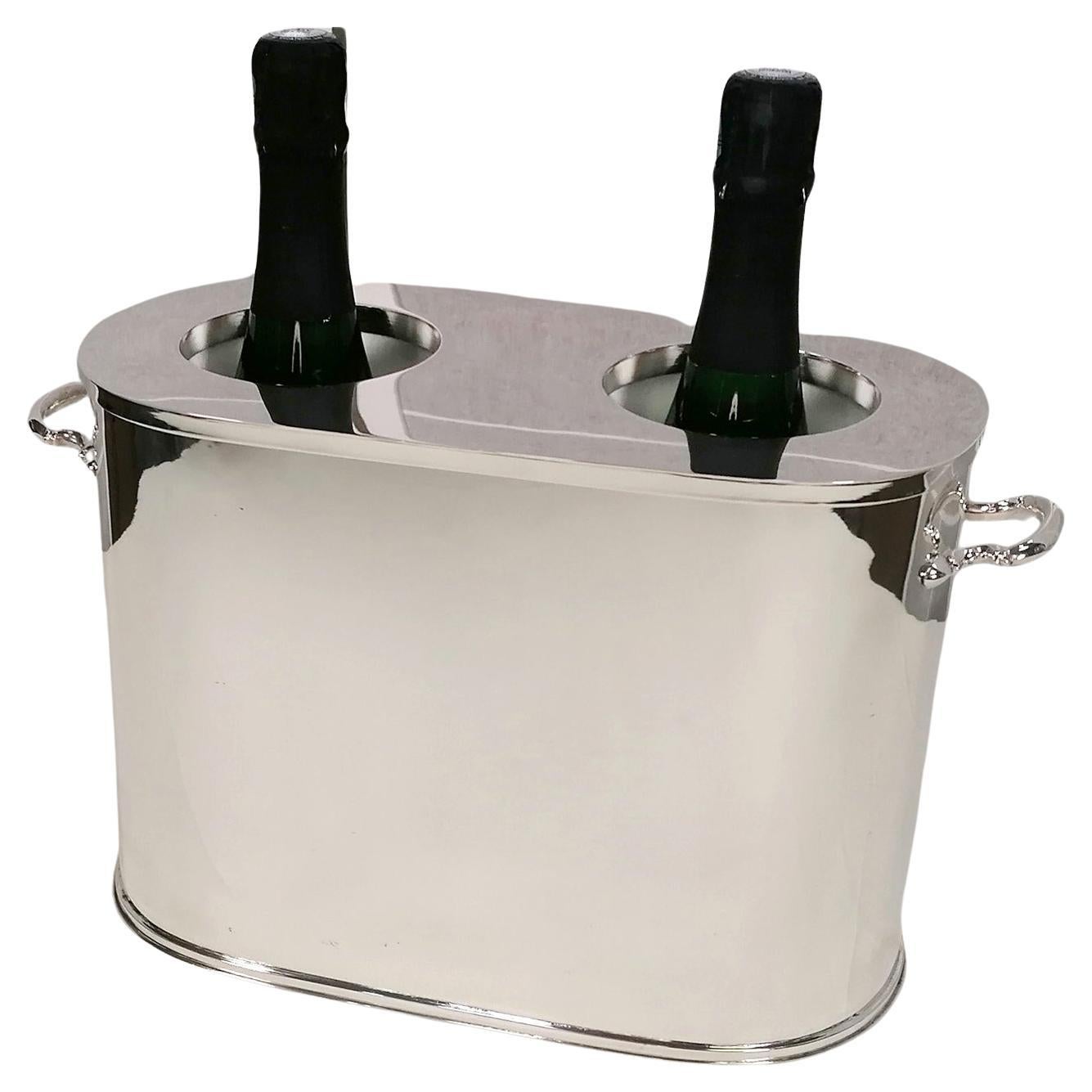 Italian 21st Century Glacette for 2 Bottles of Champagne in Solid 800 Silver For Sale