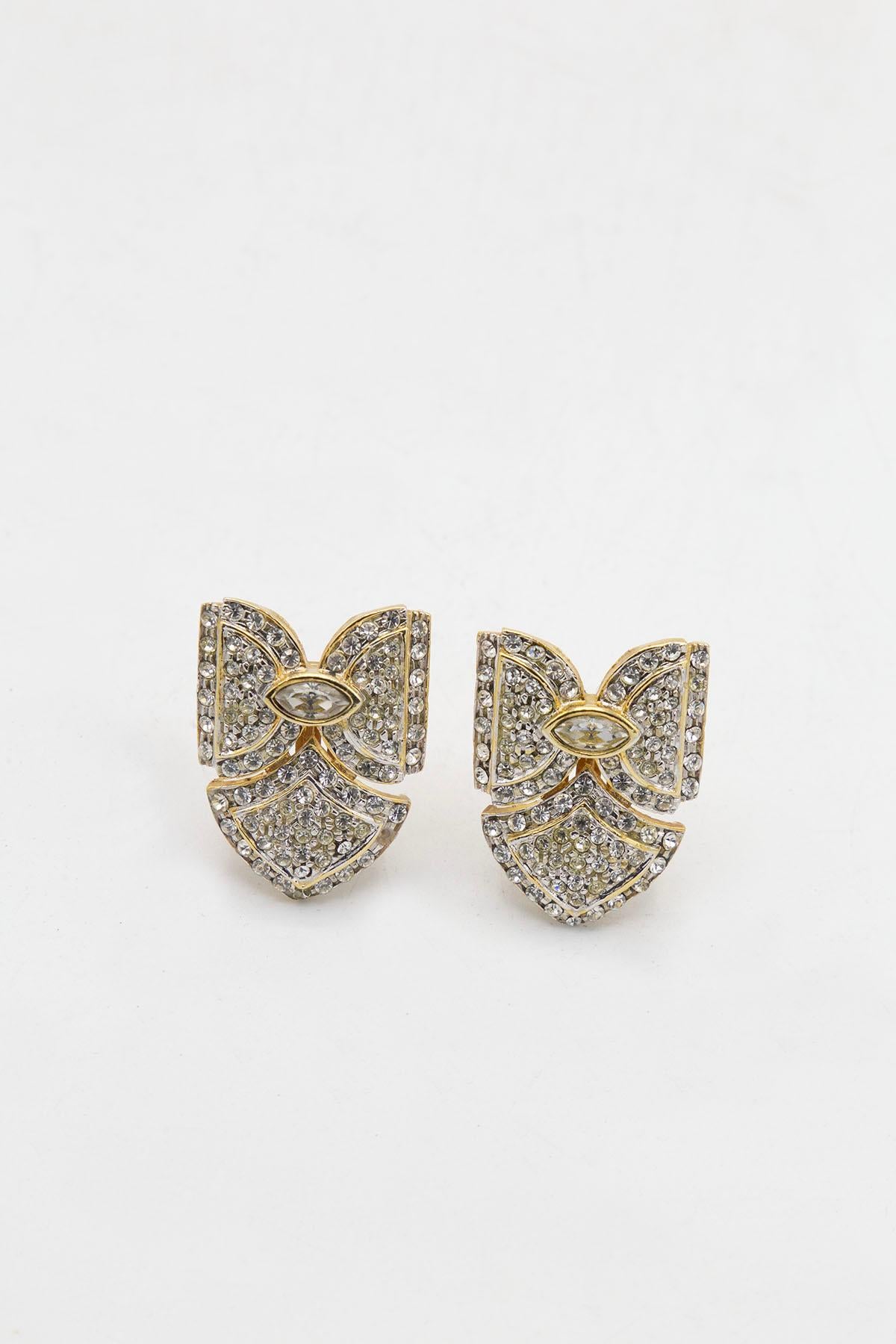 Revival Orecchini a clip italiani placcati oro 24 kt. con strass, a forma di fiocco in vendita