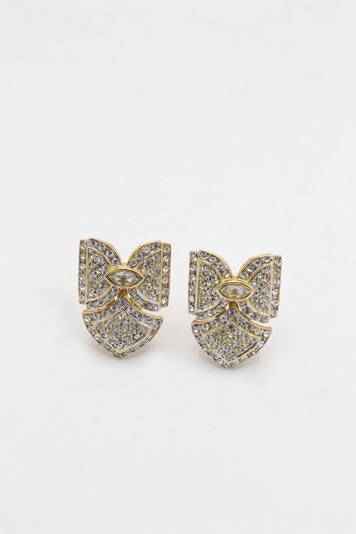 Revival Italian 24 kt. gold-plated clip earrings with rhinestones, bow-shaped  For Sale