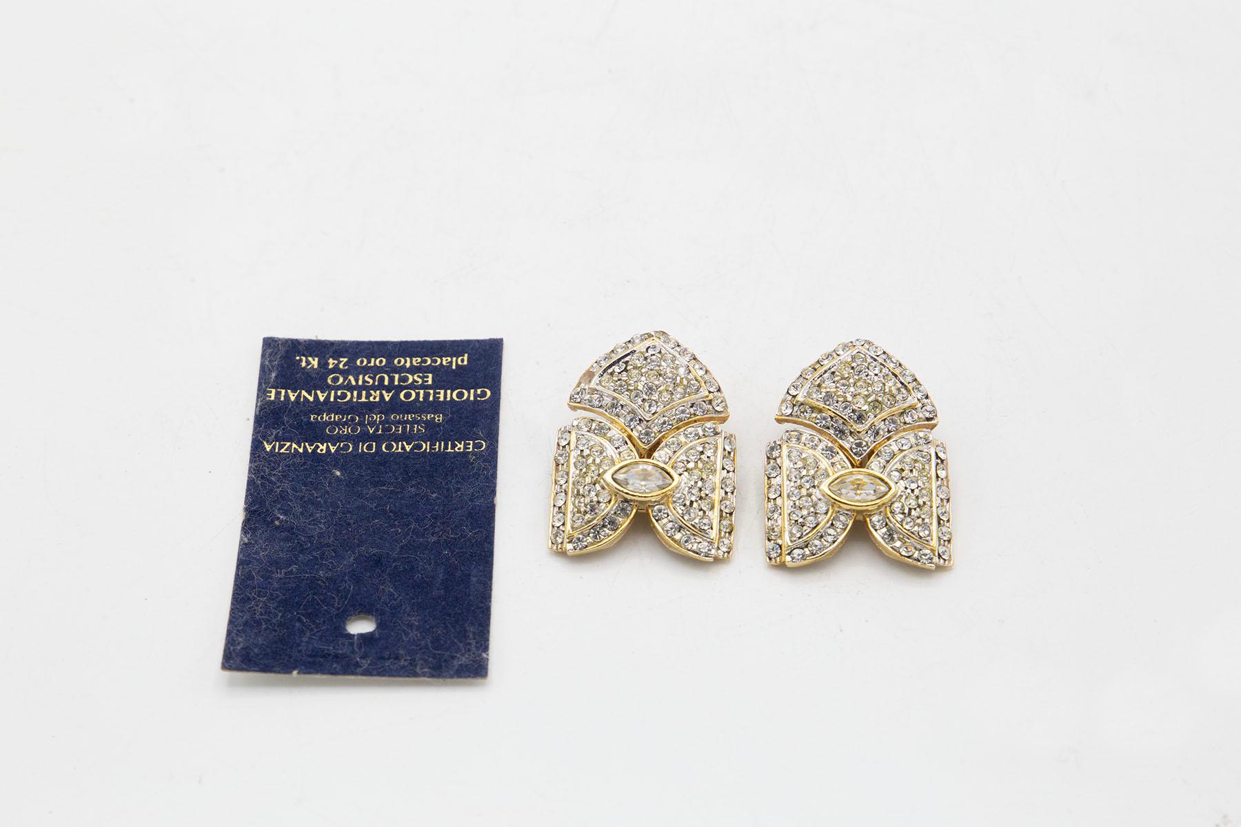 Women's Italian 24 kt. gold-plated clip earrings with rhinestones, bow-shaped  For Sale