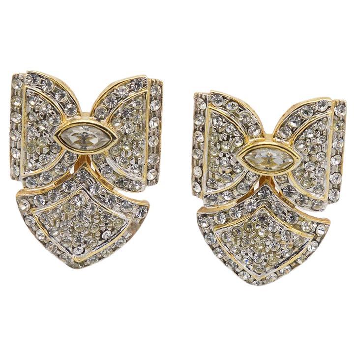 Italian 24 kt. gold-plated clip earrings with rhinestones, bow-shaped  For Sale