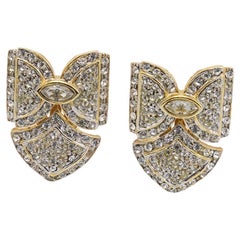 Vintage Italian 24 kt. gold-plated clip earrings with rhinestones, bow-shaped 