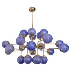 Lampadario moderno in nichel a 24 luci in vetro di Murano color lavanda e pervinca