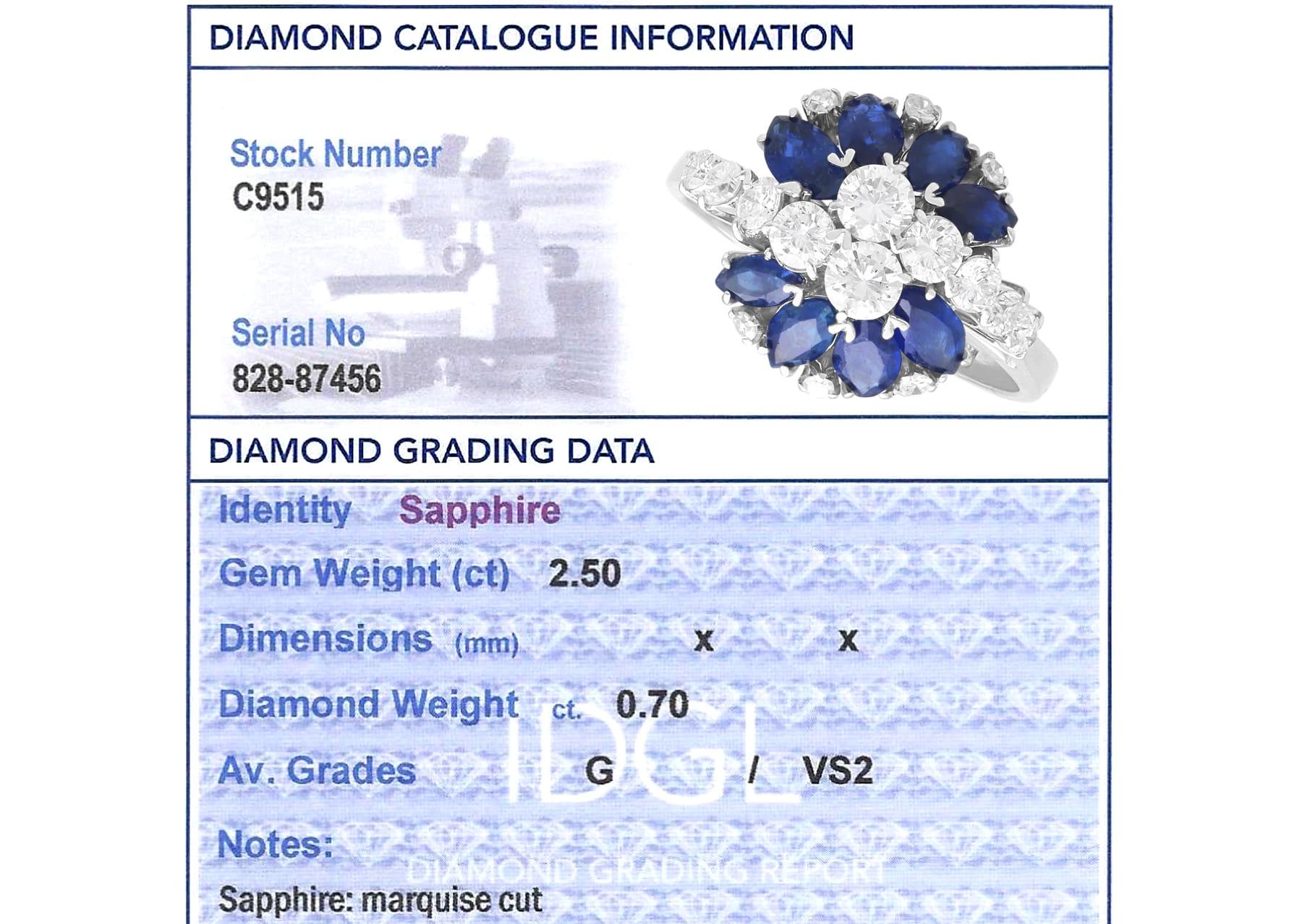 Anello italiano con zaffiro da 2,50 carati e diamante da 0,70 carati in oro bianco 18k Circa 1960 in vendita 9