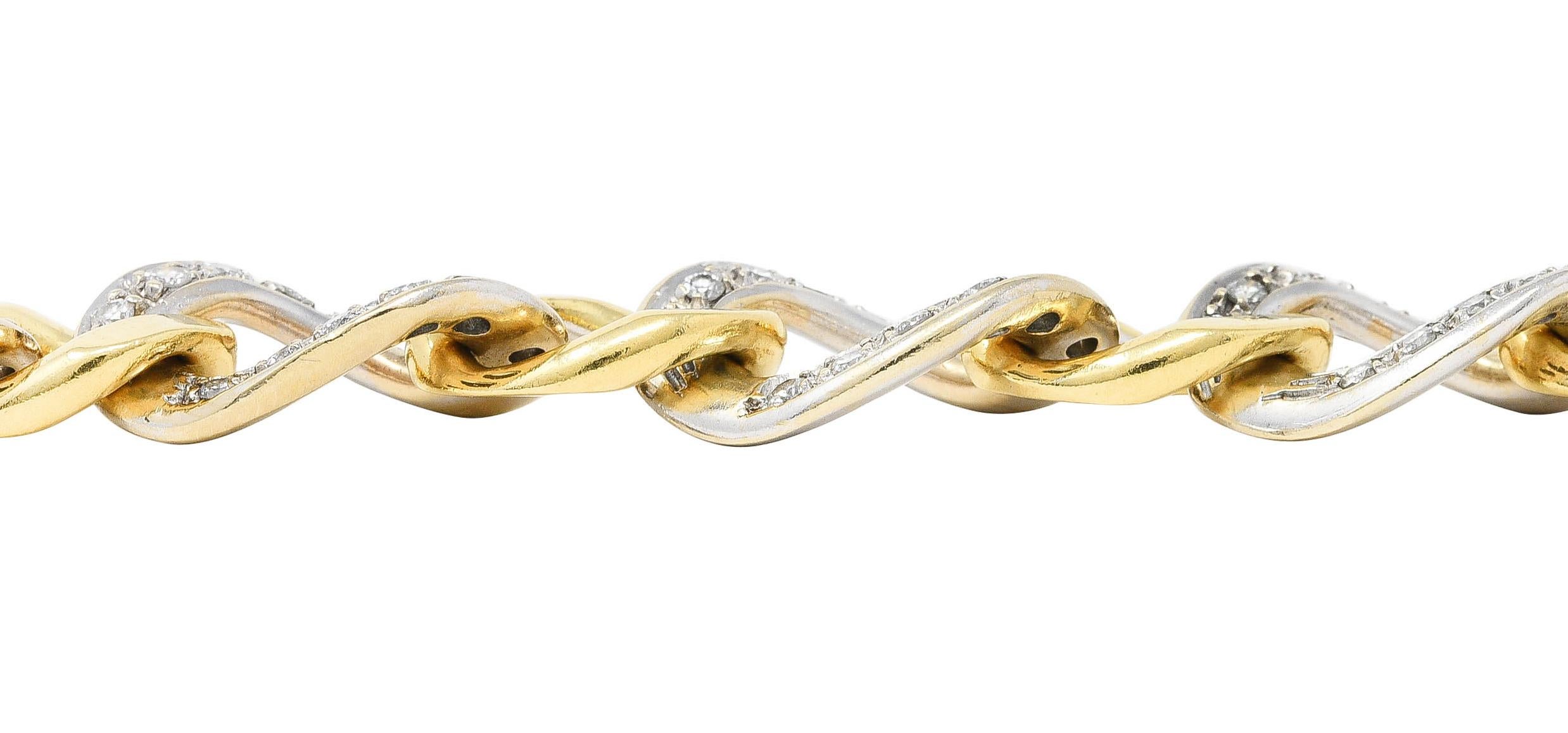 Italian 2.50 Carats Diamond 18 Karat Two Tone Gold Curb Link Bracelet 7