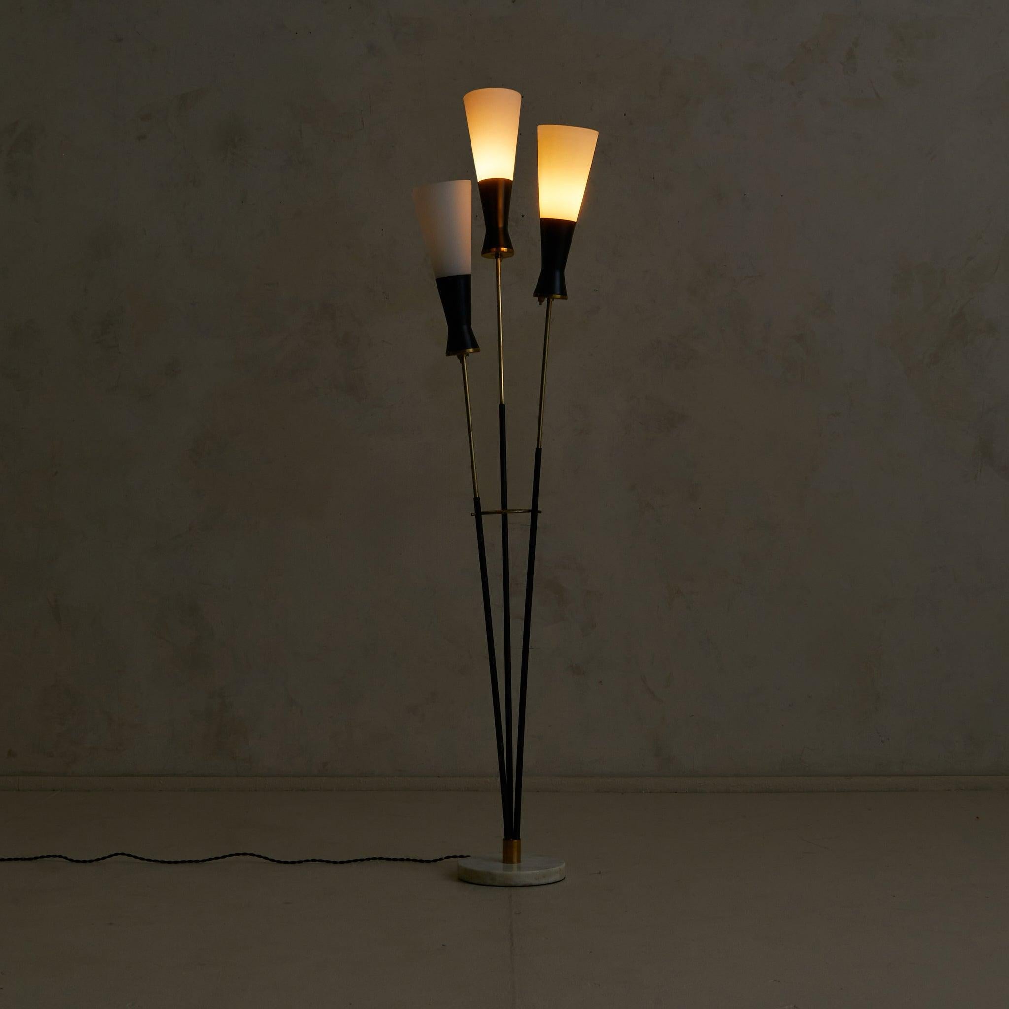 Mid-Century Modern Italian 3-Arm Black Metal Floor Lamp with Opaline Diffusers, 1950s For Sale