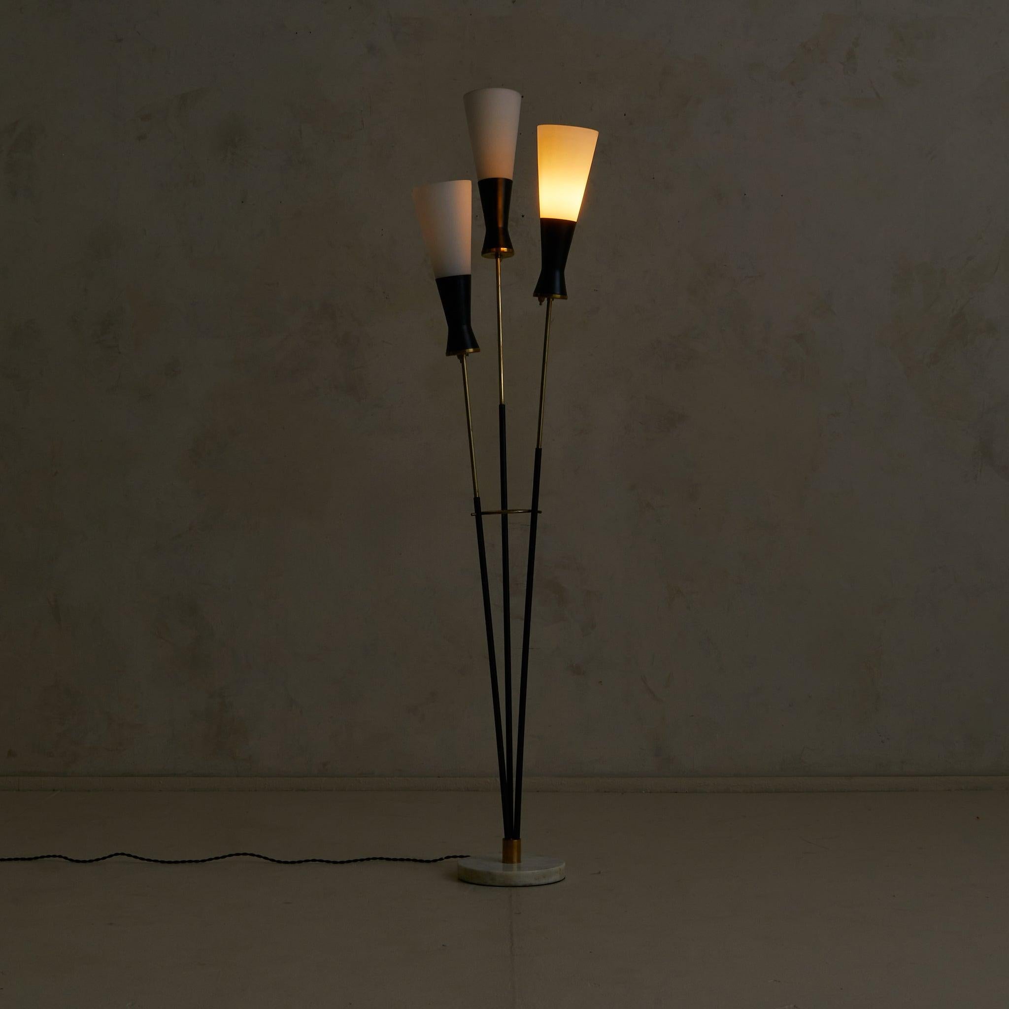 Italian 3-Arm Black Metal Floor Lamp with Opaline Diffusers, 1950s In Good Condition For Sale In Chicago, IL