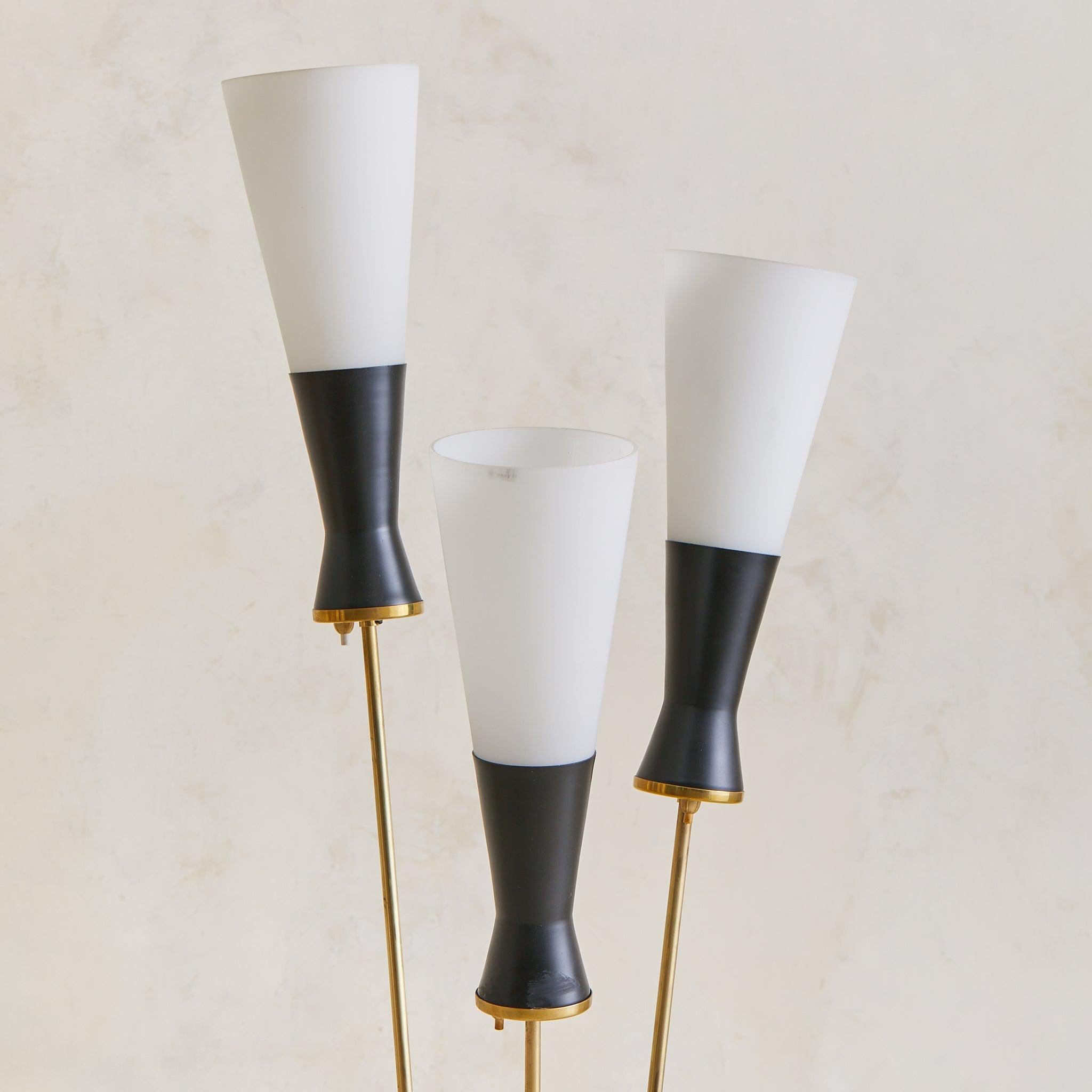 Mid-20th Century Italian 3-Arm Black Metal Floor Lamp with Opaline Diffusers, 1950s For Sale