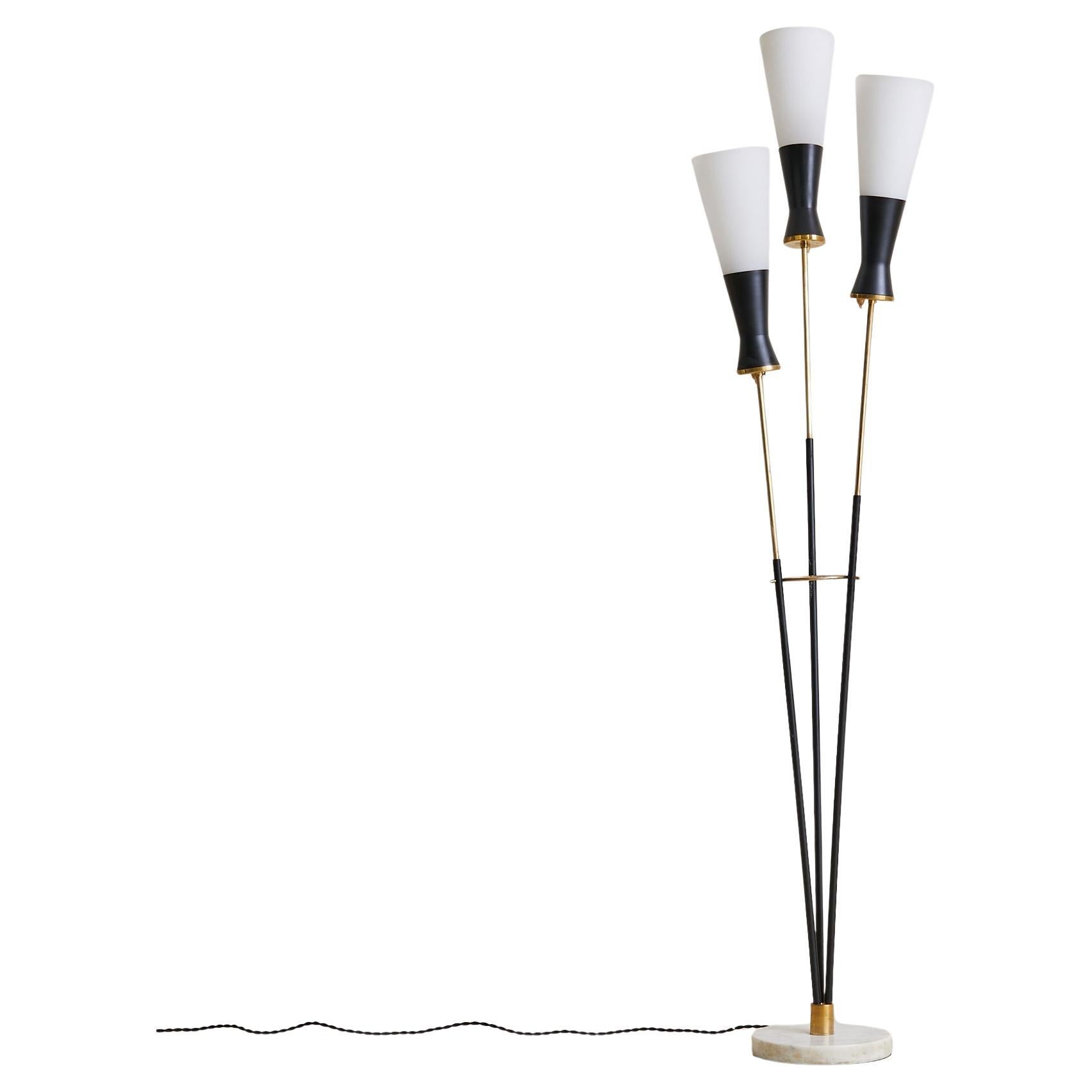 Italian 3-Arm Black Metal Floor Lamp with Opaline Diffusers, 1950s For Sale