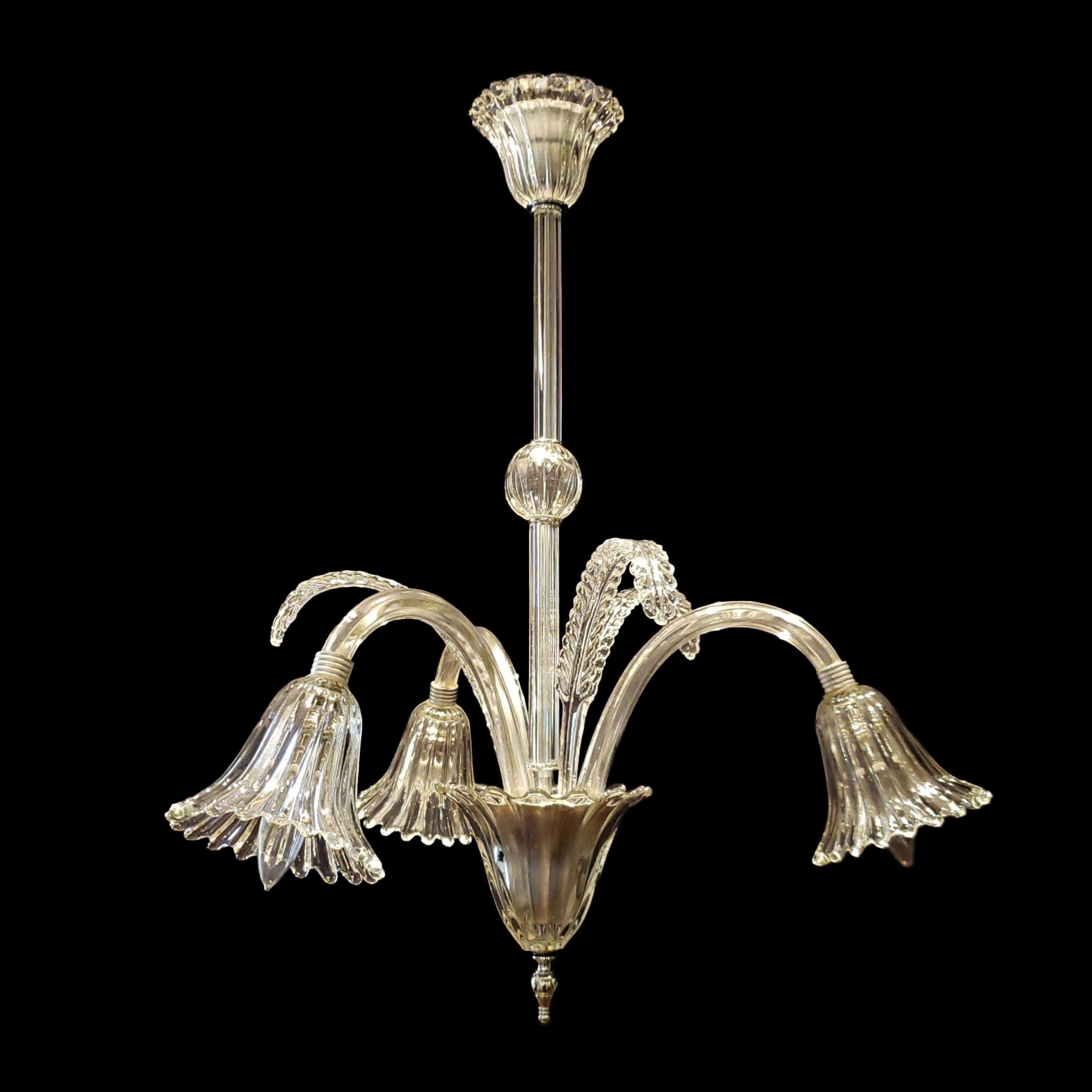 Hand made three down light Murano glass chandelier. This comes rewired and ready to install. Ships disassembled.  Cleaned and restored. Please note, this item is located in our Scranton, PA location.