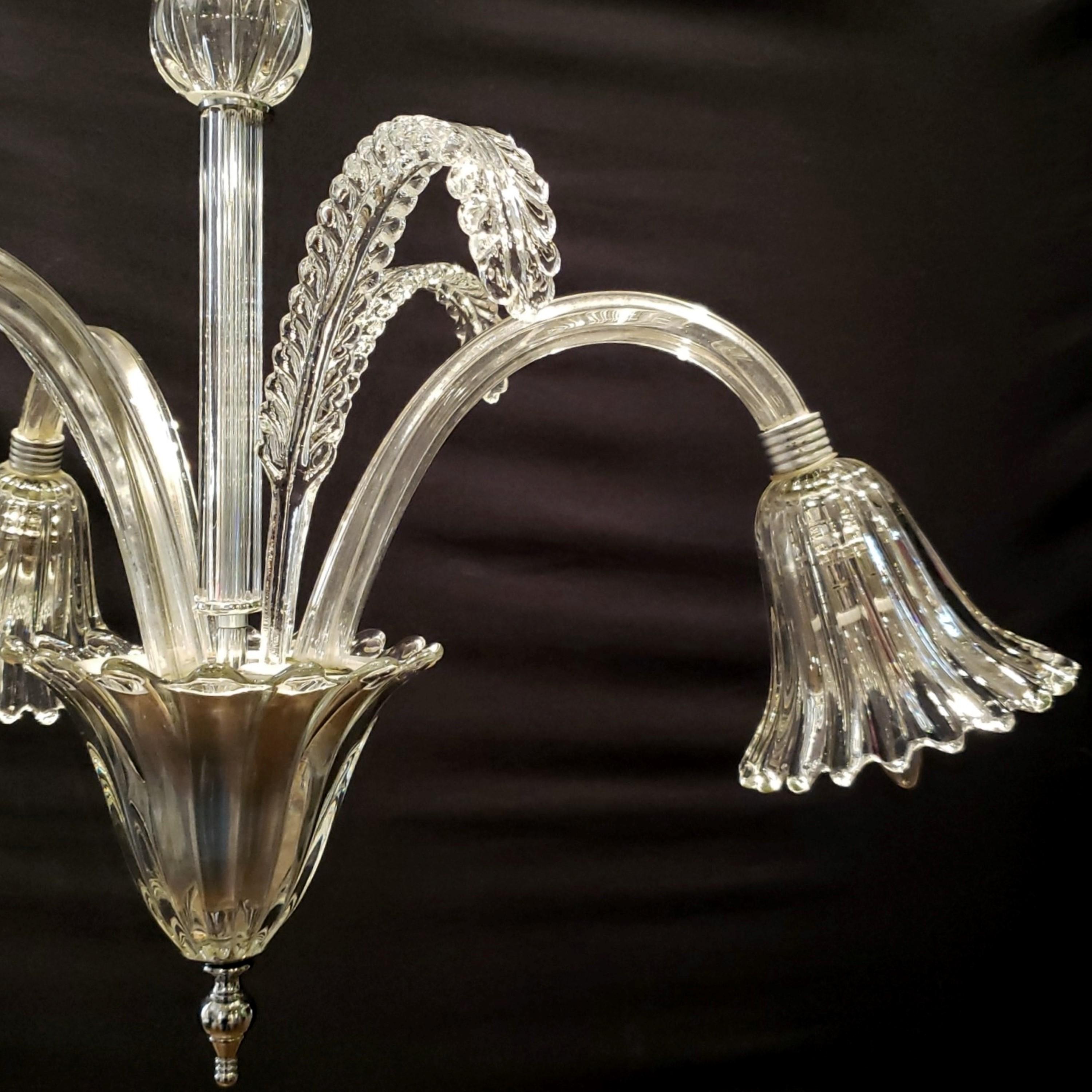 Hand-Crafted Italian 3 Arm Murano Glass Chandelier with 3 Up Leaves For Sale