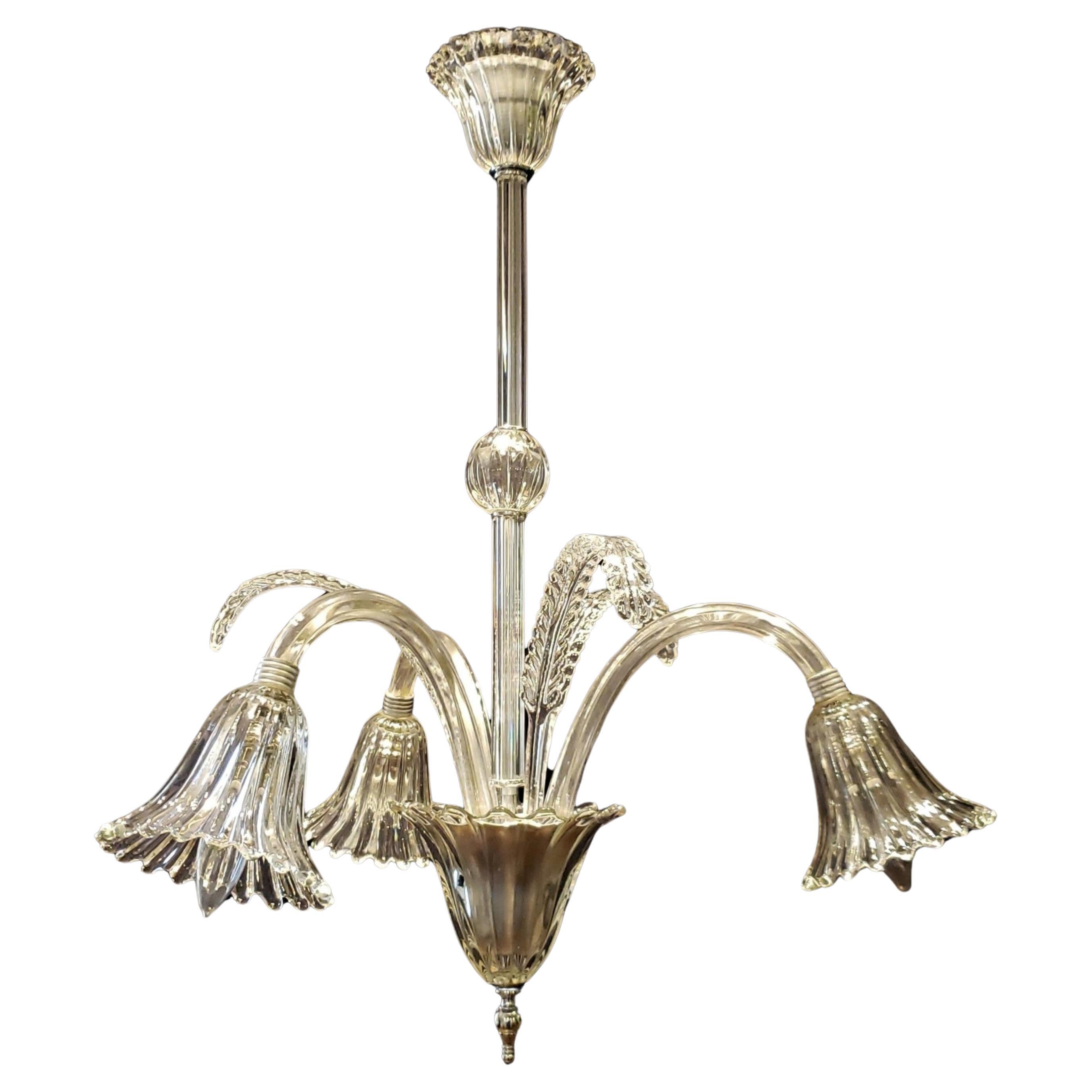 Italian 3 Arm Murano Glass Chandelier with 3 Up Leaves For Sale