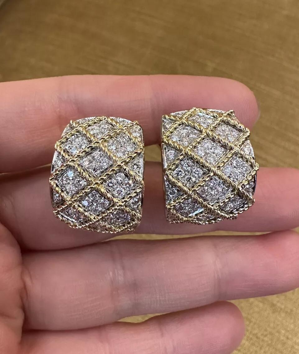 Round Cut ITALIAN 3 carat total Diamond Criss Cross Half Hoop Earrings in 18k Yellow Gold For Sale