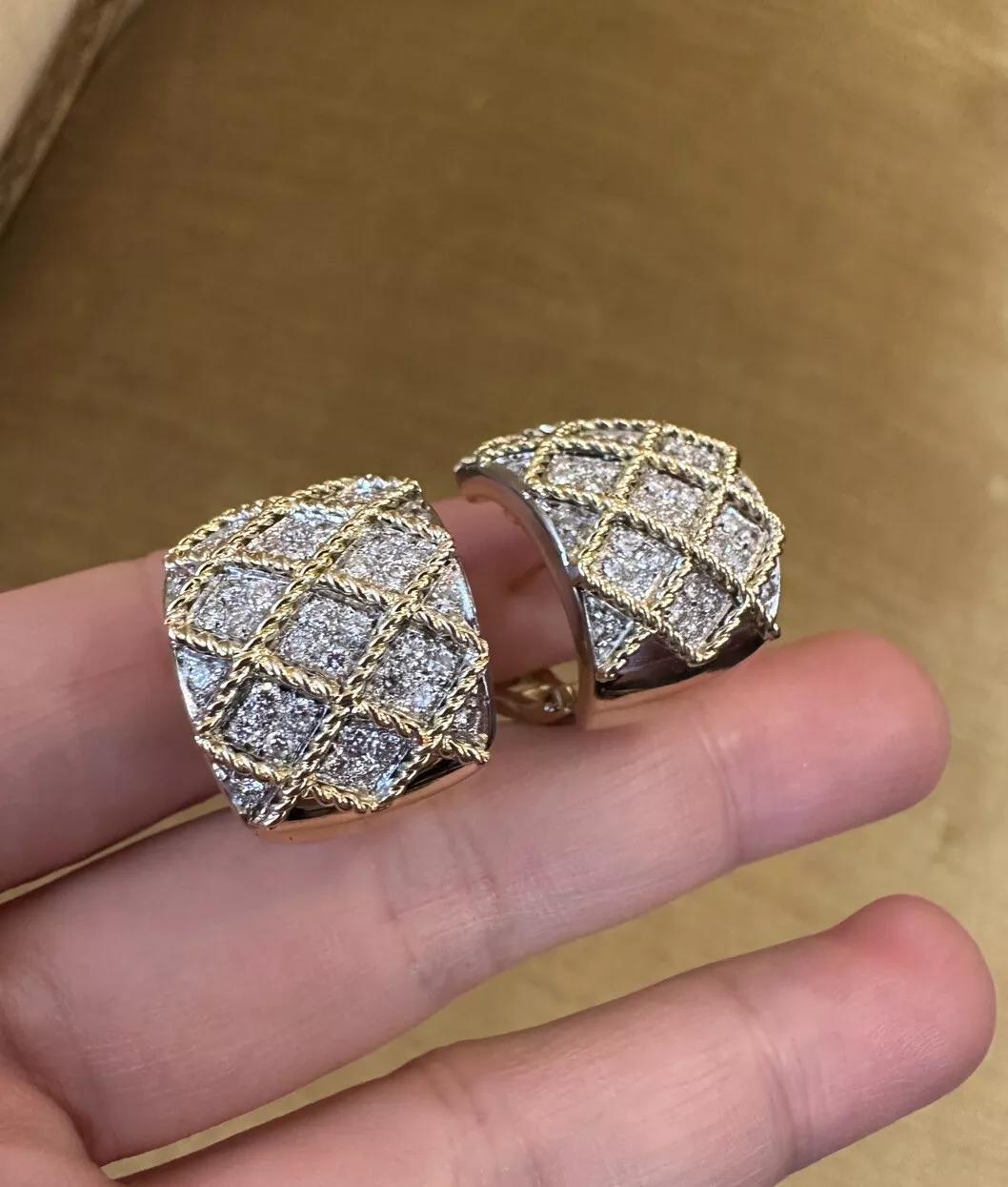 ITALIAN 3 carat total Diamond Criss Cross Half Hoop Earrings in 18k Yellow Gold In Excellent Condition For Sale In La Jolla, CA