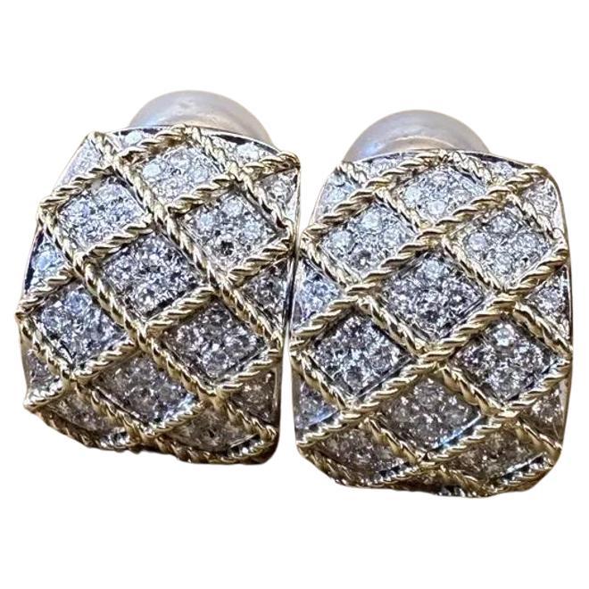 ITALIAN 3 carat total Diamond Criss Cross Half Hoop Earrings in 18k Yellow Gold For Sale